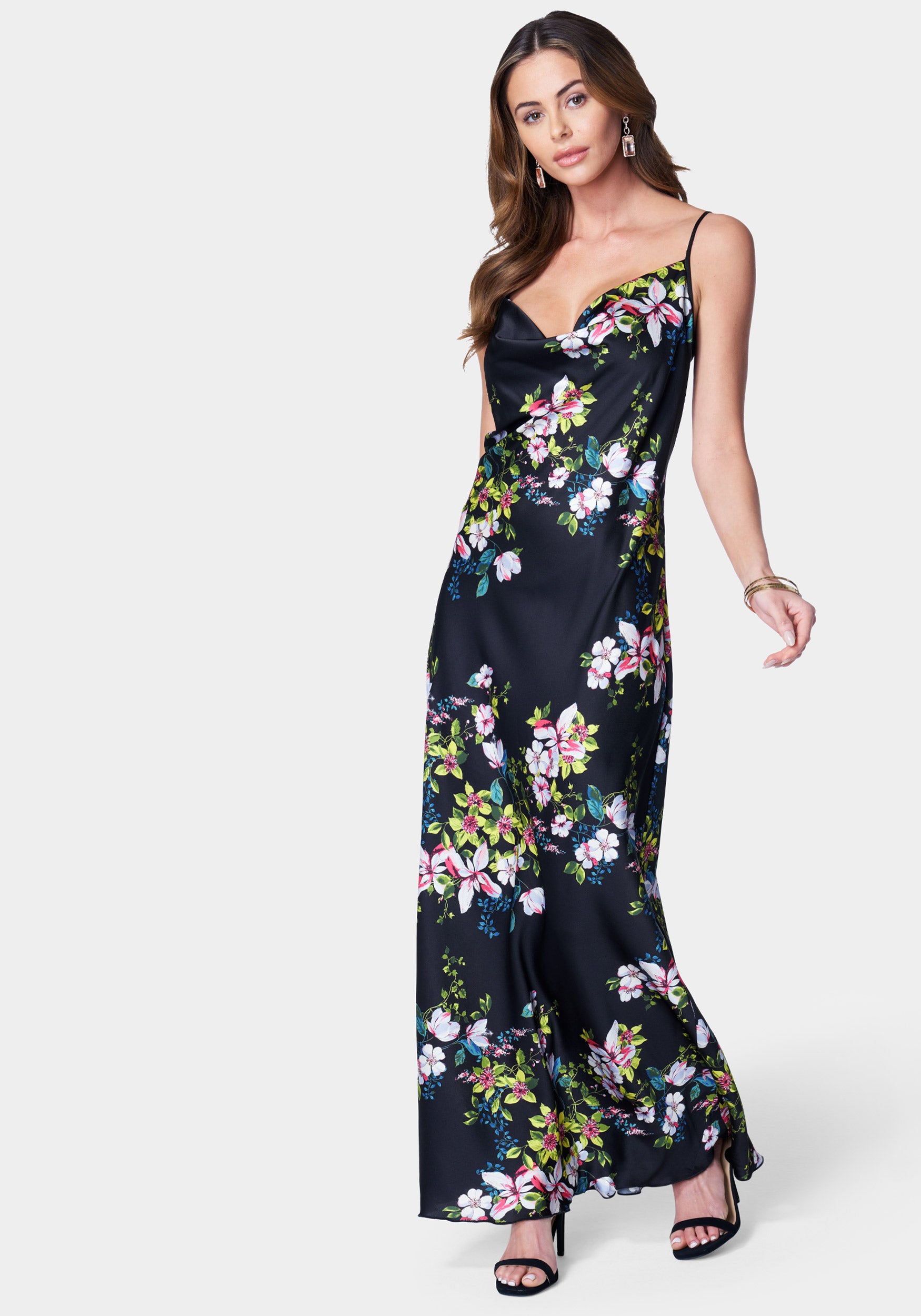 bebe black floral dress Bebe Women's Cascading Floral Satin Maxi Dress