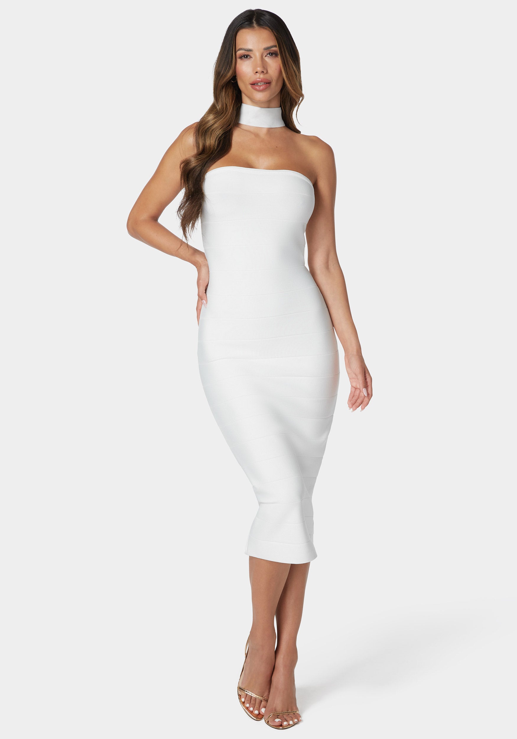 choker neck midi dress Choker Neck Bandage Midi Dress – bebe