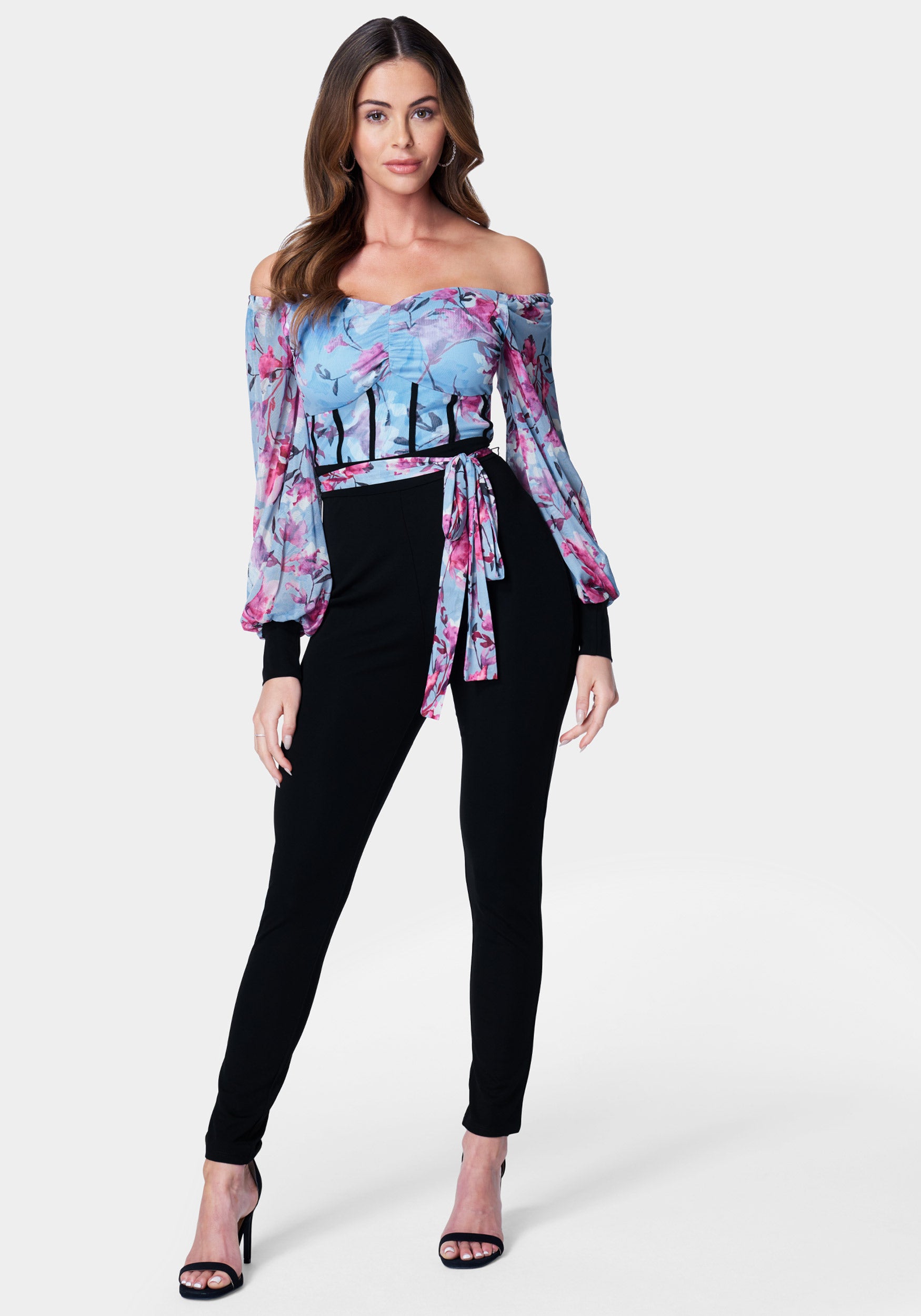 Printed Mesh Off Shoulder Catsuit – bebe