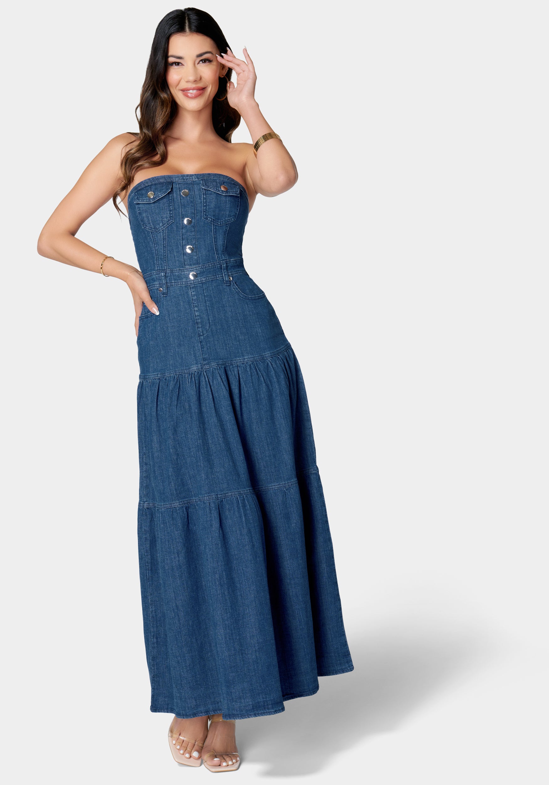 Strapless Tiered Lightweight Denim Dress – bebe
