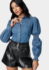 Long Sleeve Smocking Detail Denim Blouse