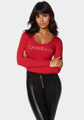 【as\"on】 BEBE LONG SLEEVE◆ Bebe Logo Long Sleeve Scoop Neck Single Stone Rib Top | bebe