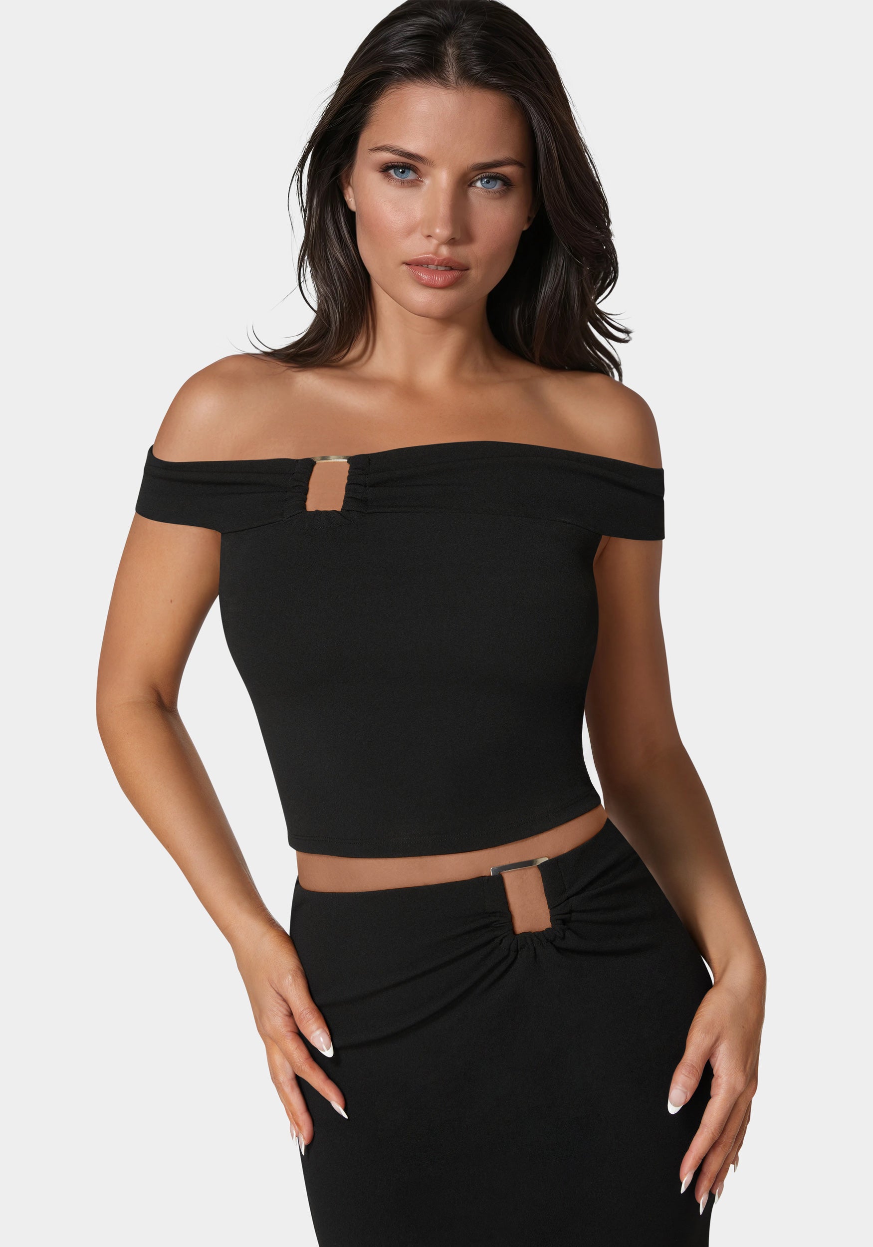 Off Shoulder Metal Trim Top And Skirt – bebe