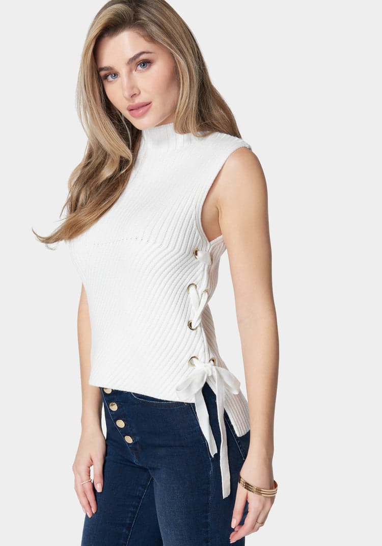 Wool Blend Side Lace Up Sleeveless Sweater Top