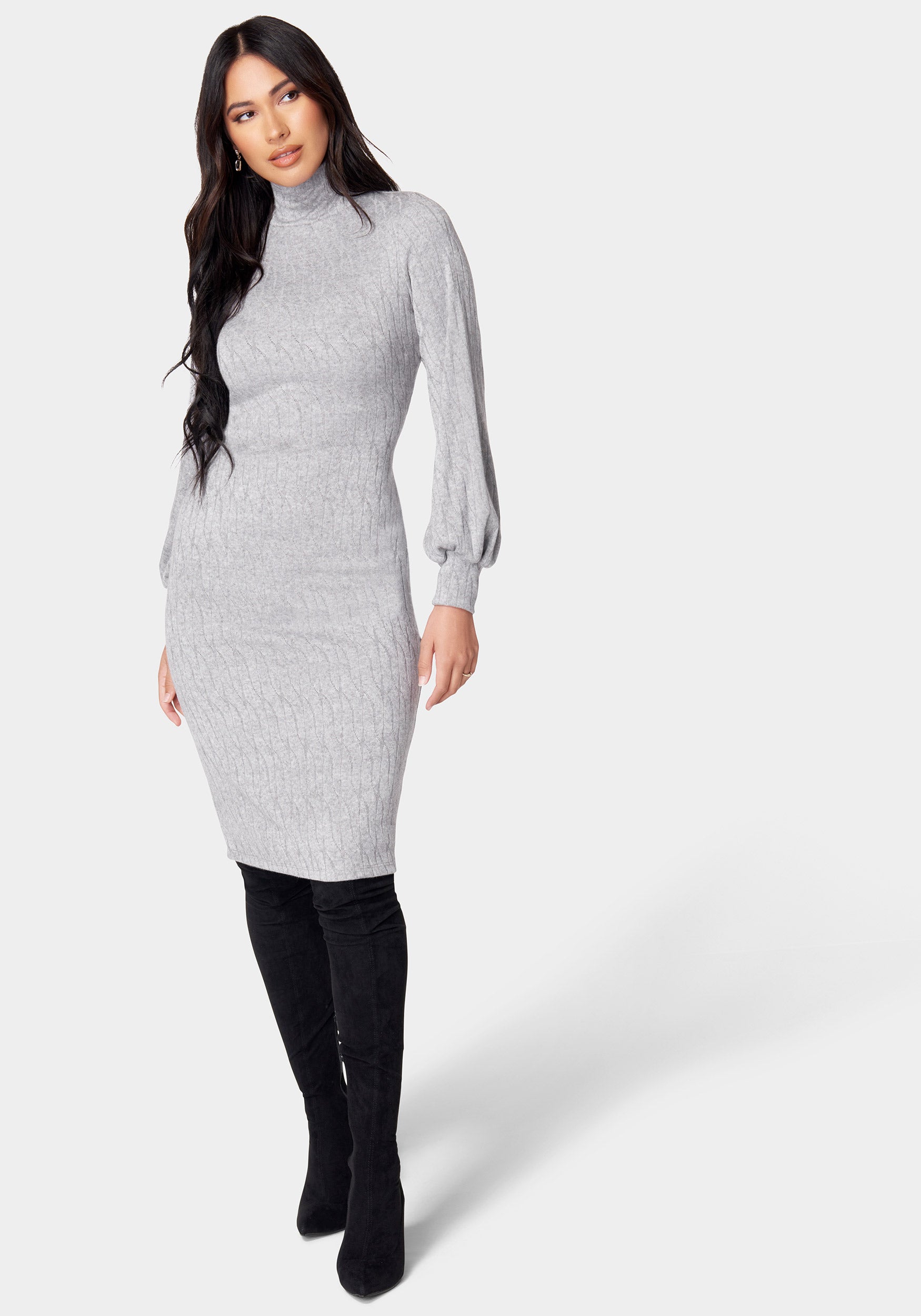 Midi Turtleneck Gather Sleeve Sweater Dress bebe Midi Turtleneck Gather Sleeve Sweater Dress bebe