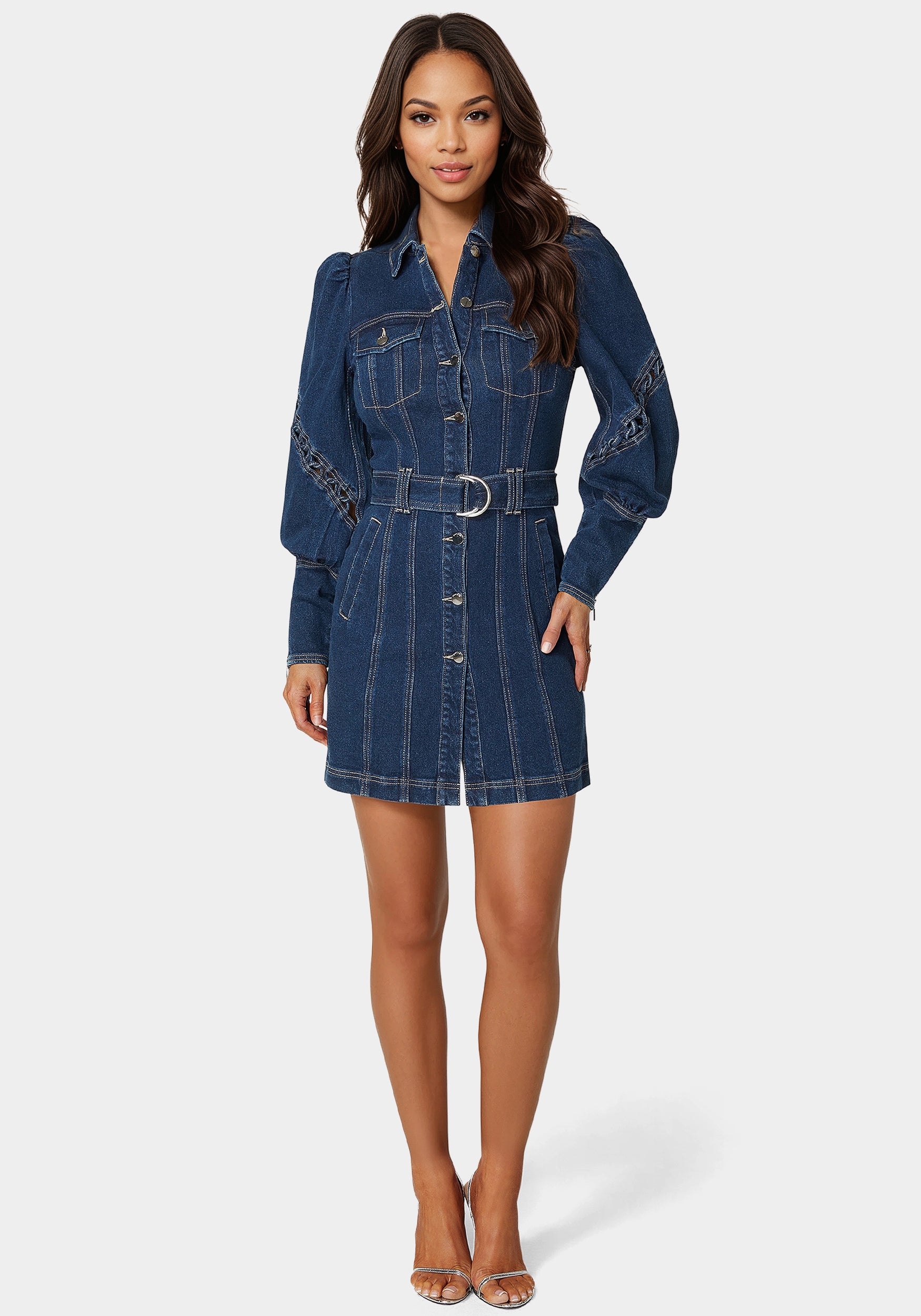 Sleeve Detail Front Button Denim Dress – bebe