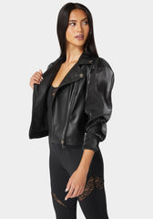 Ruched Organza Sleeve Vegan Leather Moto Jacket | bebe