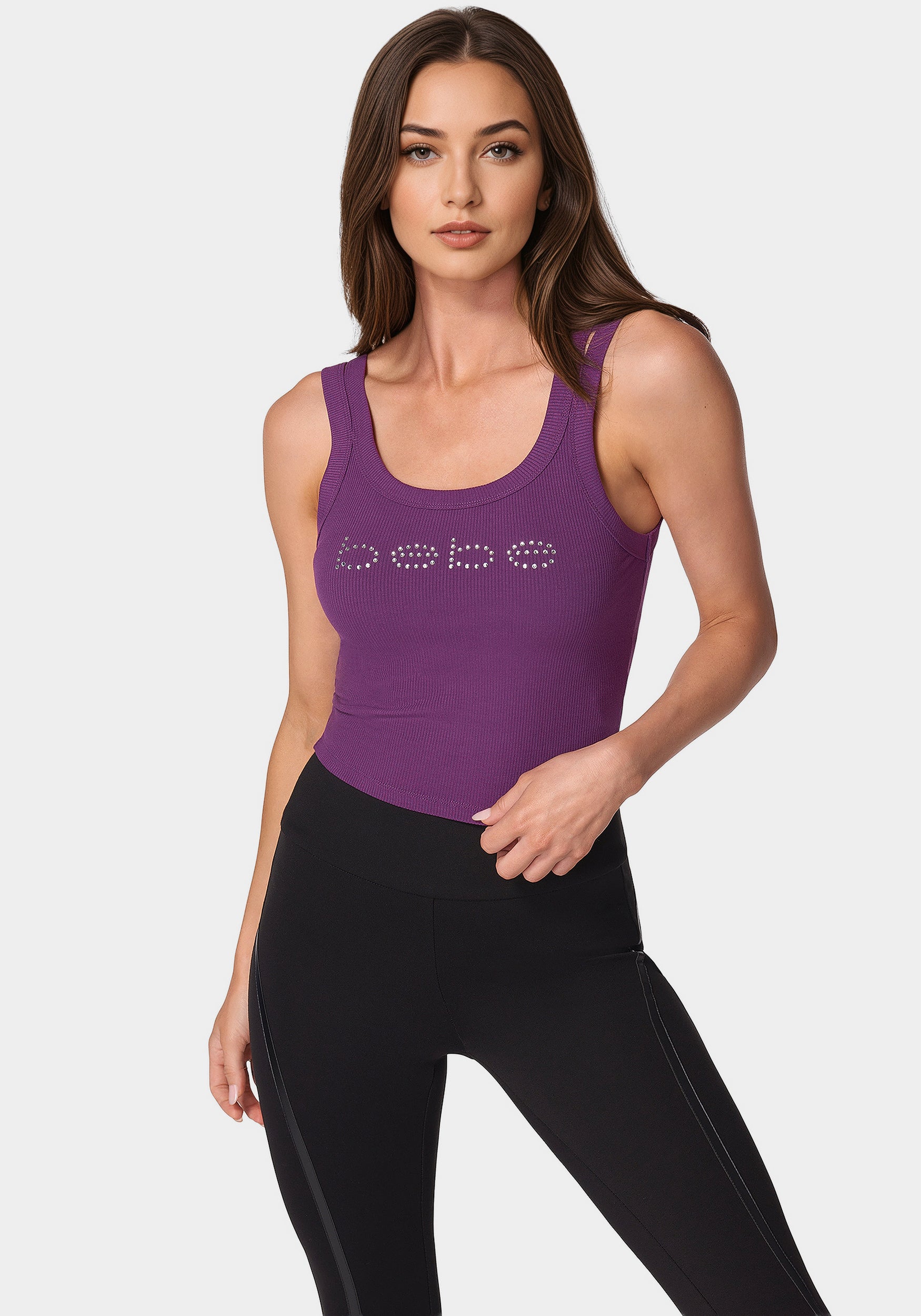 ♡bebe♡ Bebe Logo Double Strap Single Stone Rib Top Imperial Purple - bebe