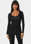 Bebe Logo Long Sleeve Scoop Neck Single Stone Rib Top