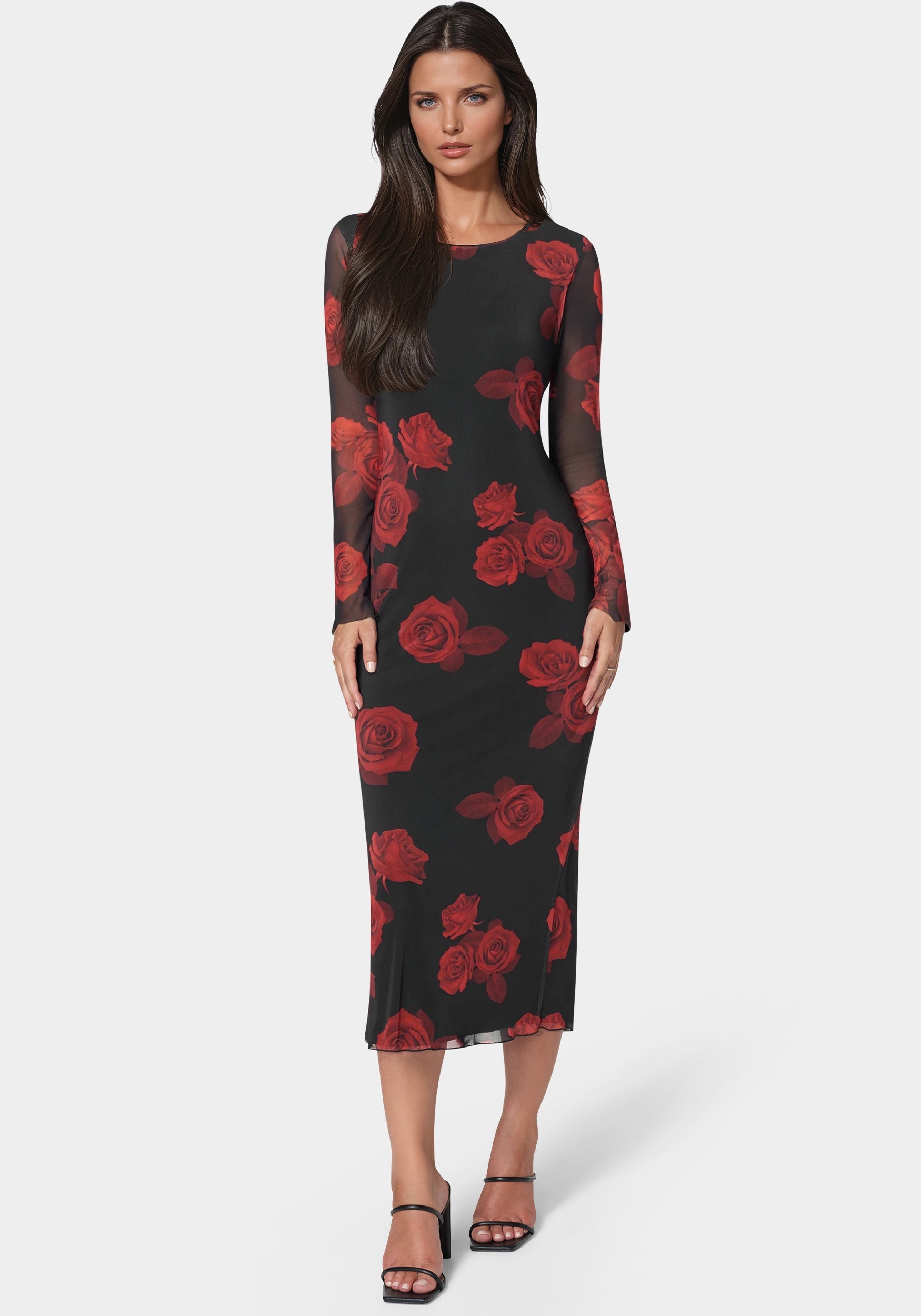 Bebe Women's Long Sleeve Printed Powermesh Maxi - Black/Red Bebe Women's Long Sleeve Printed Powermesh Maxi - Black/Red