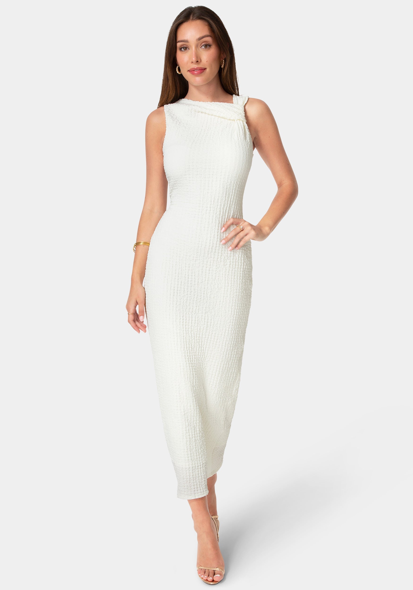 Bebe Women's Waffle Crepe Twist Sleeveless Maxi Dress, Size XS in Beige Polyester/Spandex