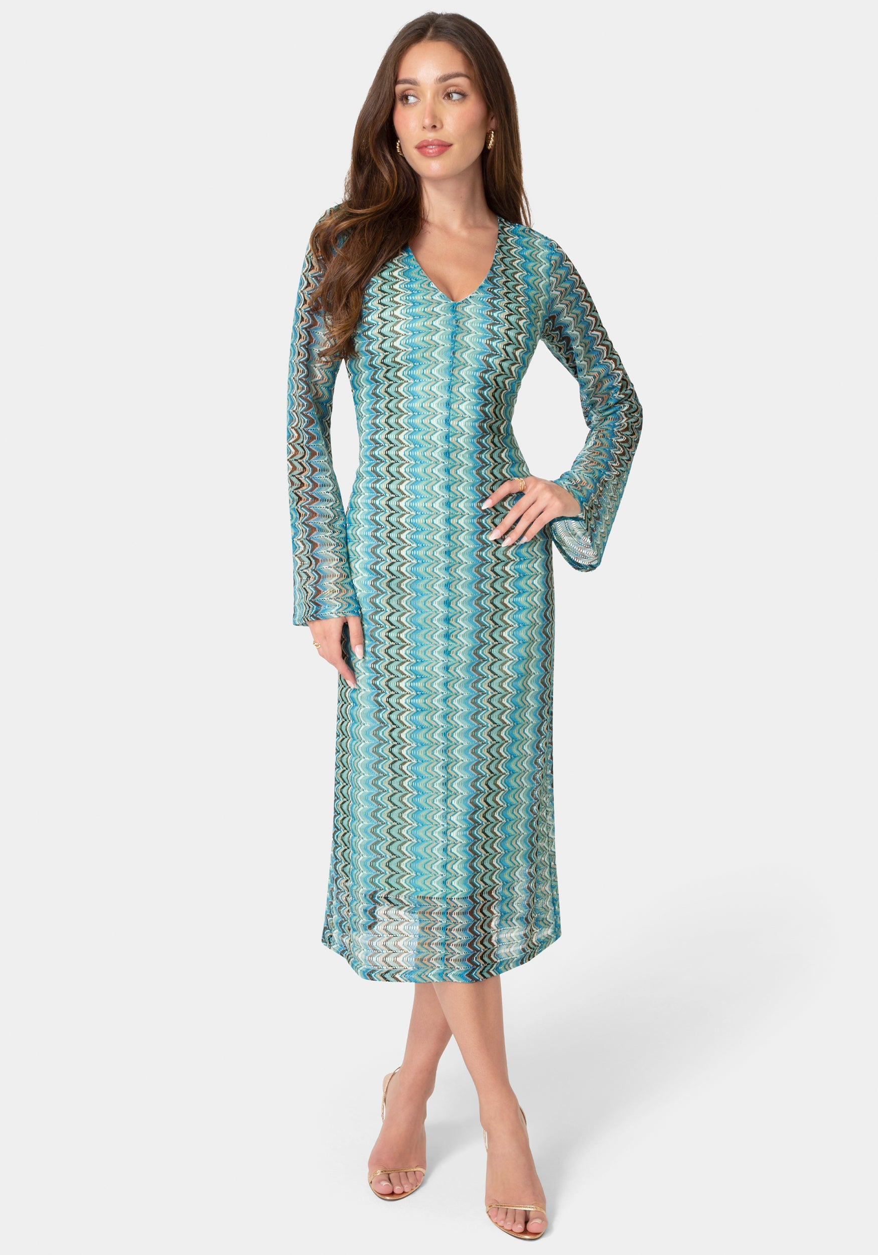 crochet maxi dress long sleeve Bebe Women's Crochet Stripe Bell Sleeve Maxi Dress