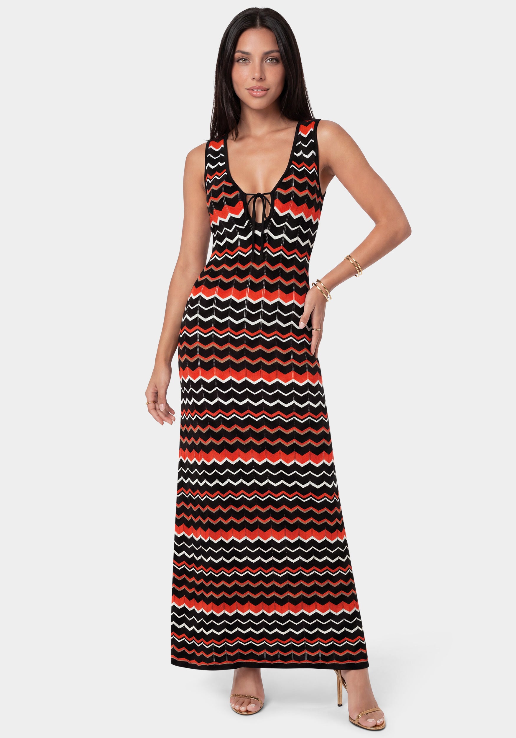 Bebe Women's Stripe Crochet V-Neck Maxi Dress, Size Small Cotton