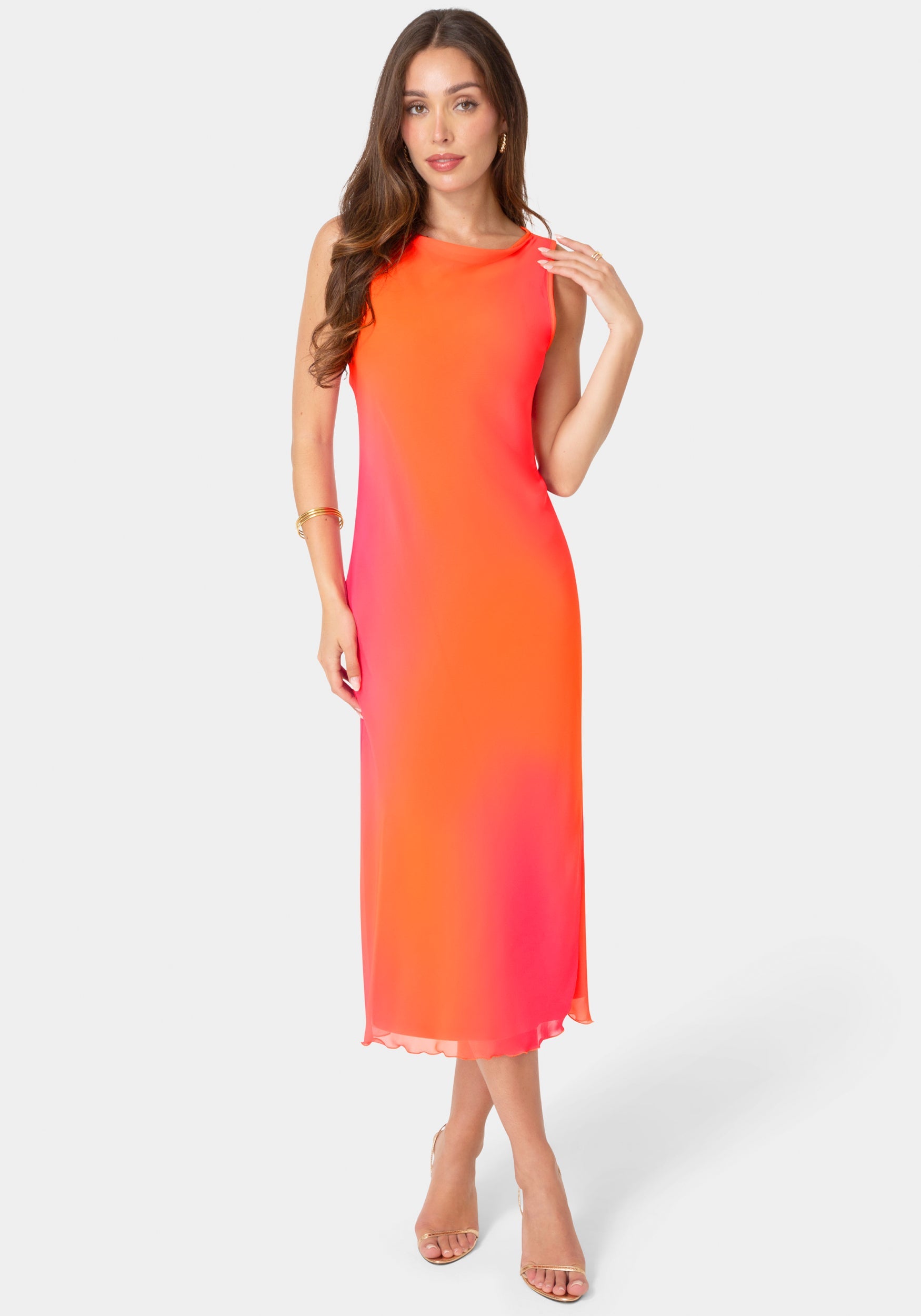 Bebe Women's Smudge Chiffon Racer Neck Maxi Dress, Large