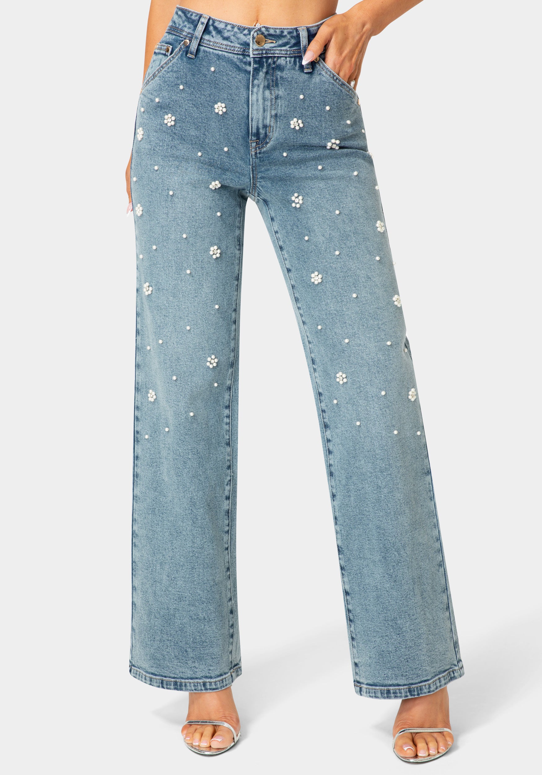 Natural Waist Embellished Wide Leg Jeans – bebe