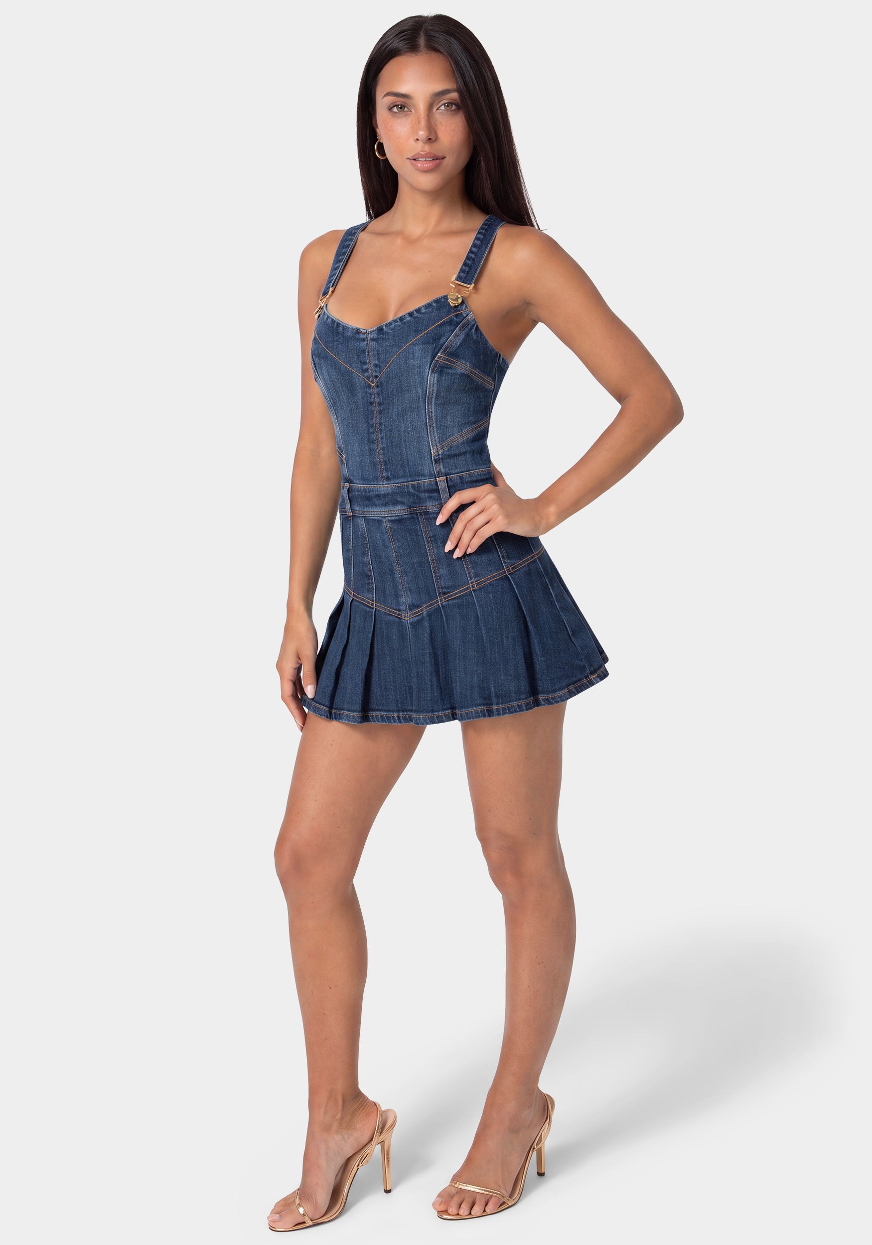 MINI PLEATED DENIM DRESS – bebe
