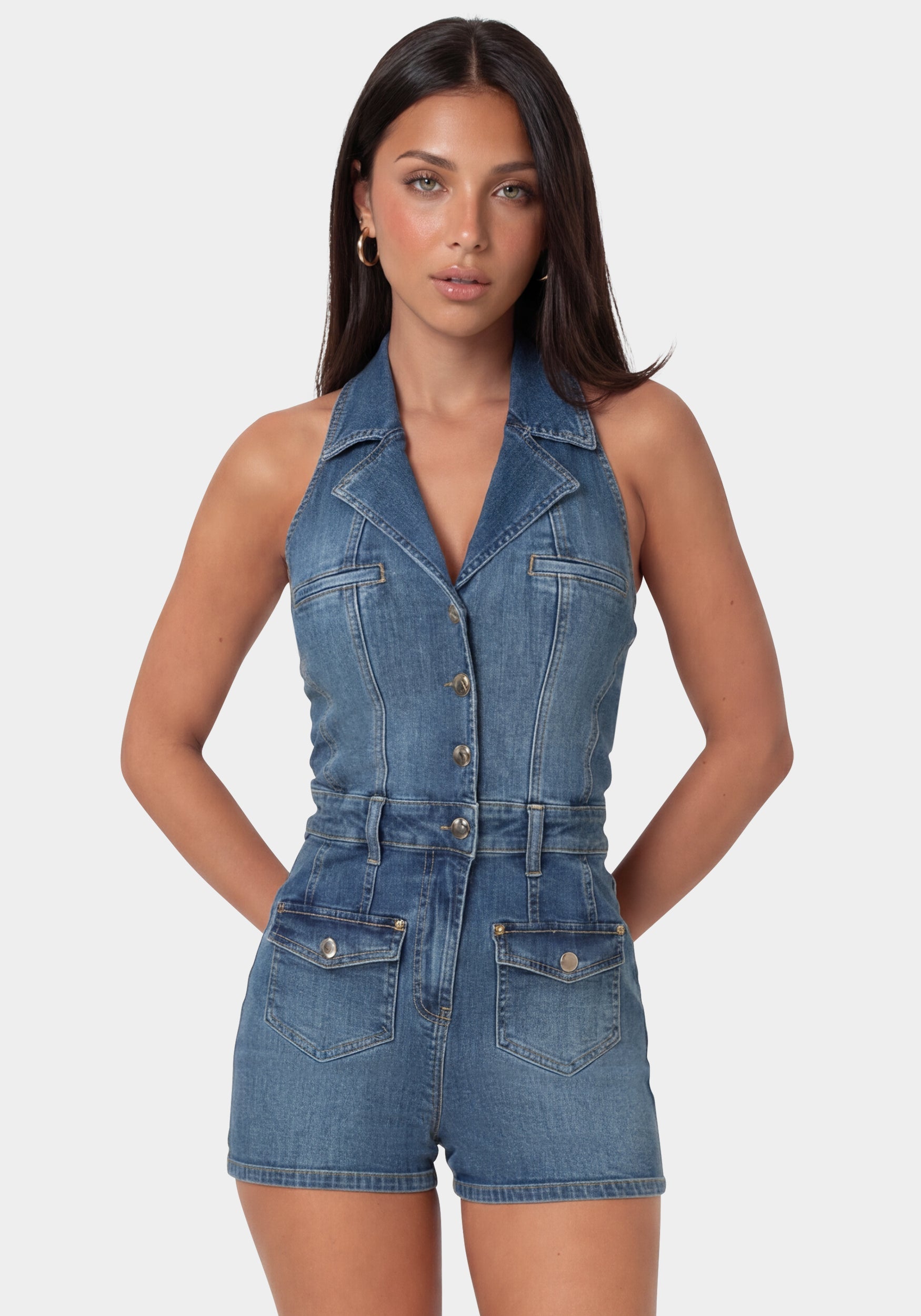 Bebe Women's Fitted Halter Denim Romper, Size Large in Iconic Blue Wash Cotton/Spandex