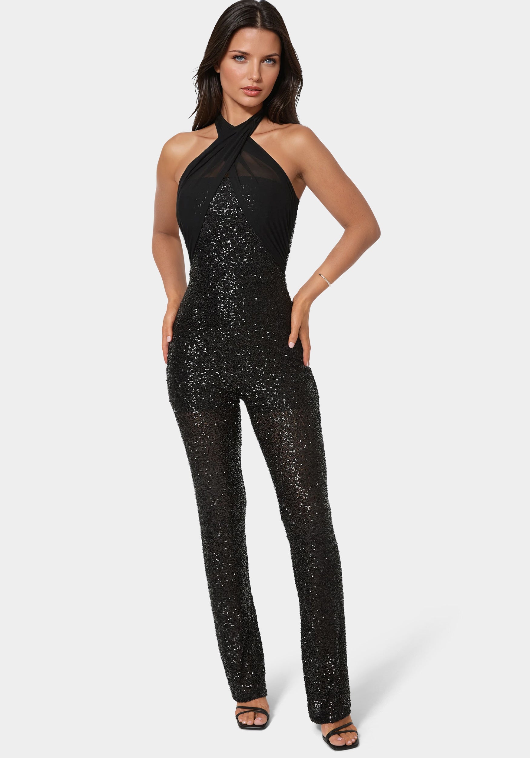 Sequin Halter Mini Flare Leg Jumpsuit Sequin Halter Mini Flare Leg Jumpsuit