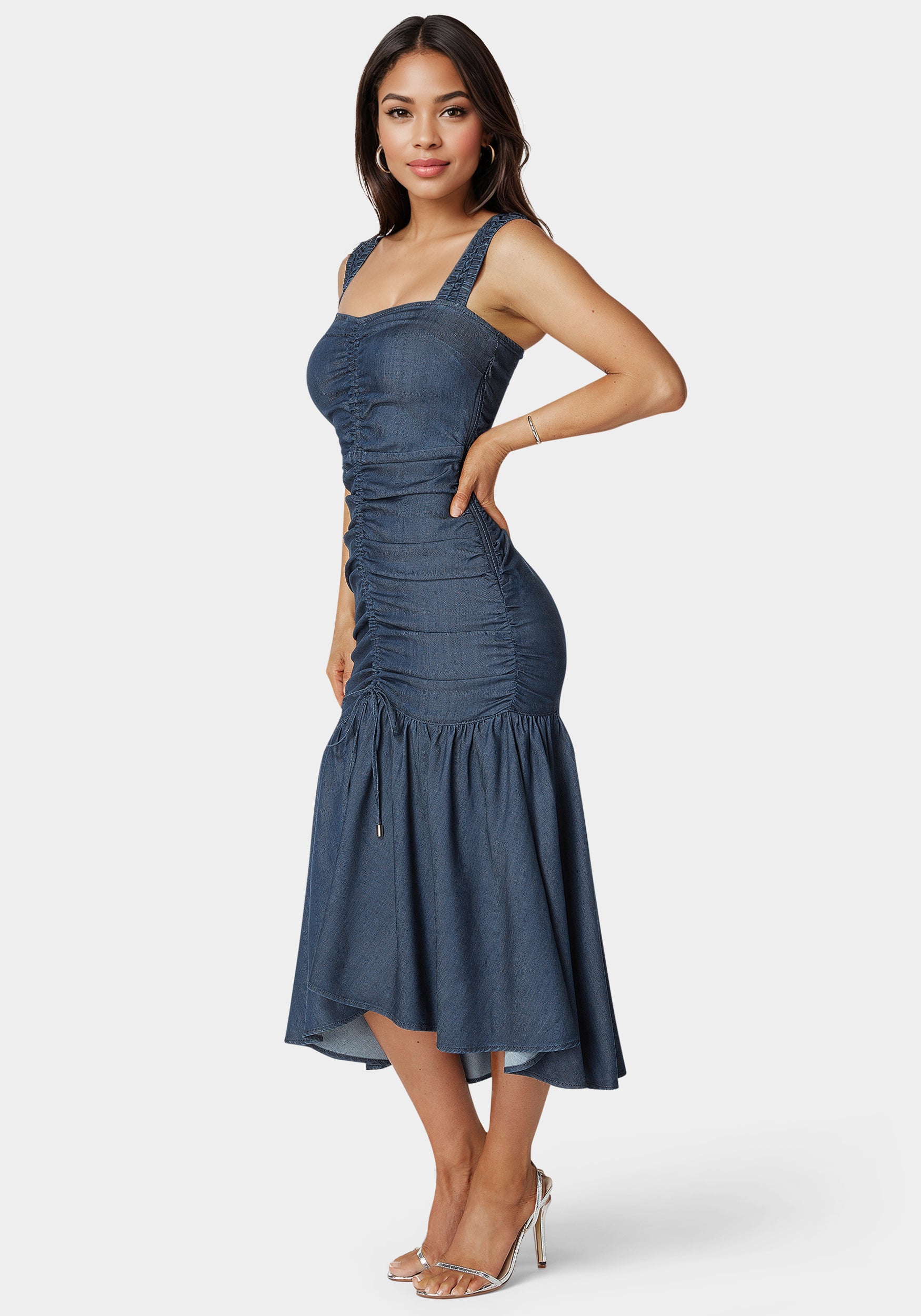 Bebe Women's Ruched Denim Dress, Size 0 in Dark Blue Wash Spandex/Viscose Bebe Women's Ruched Denim Dress, Size 0 in Dark Blue Wash Spandex/Viscose