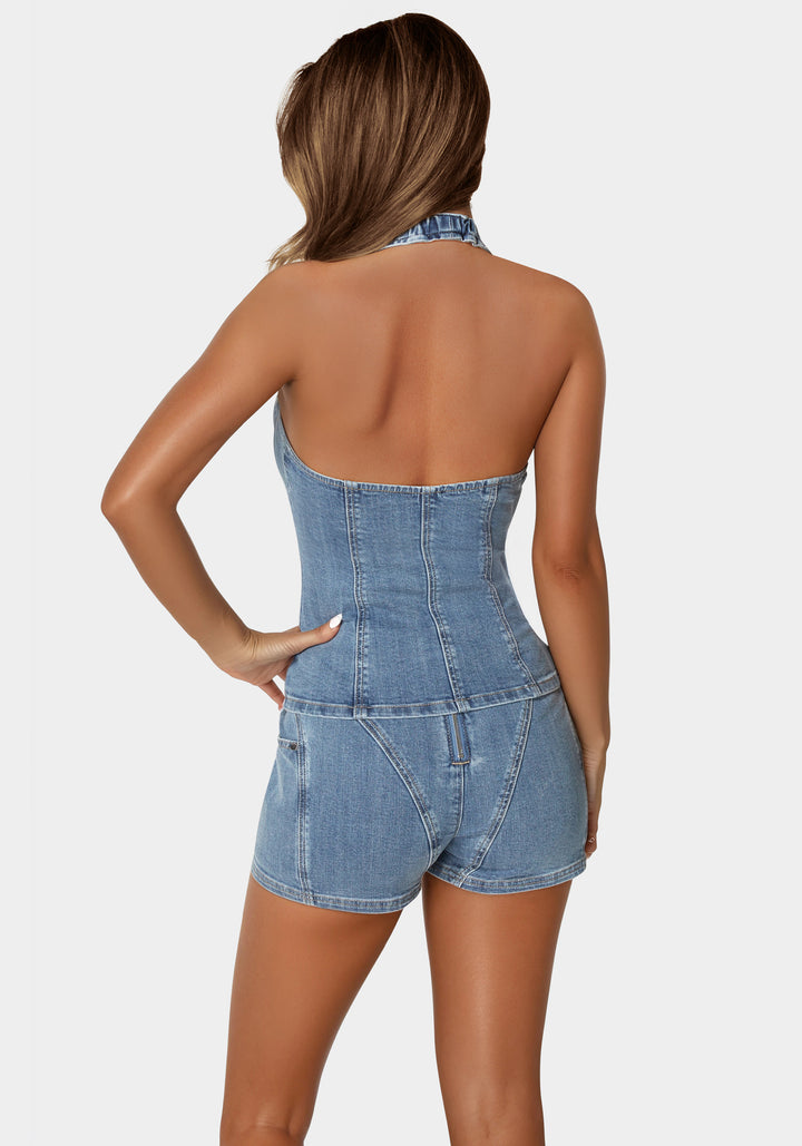 Button Down Halter Denim Top