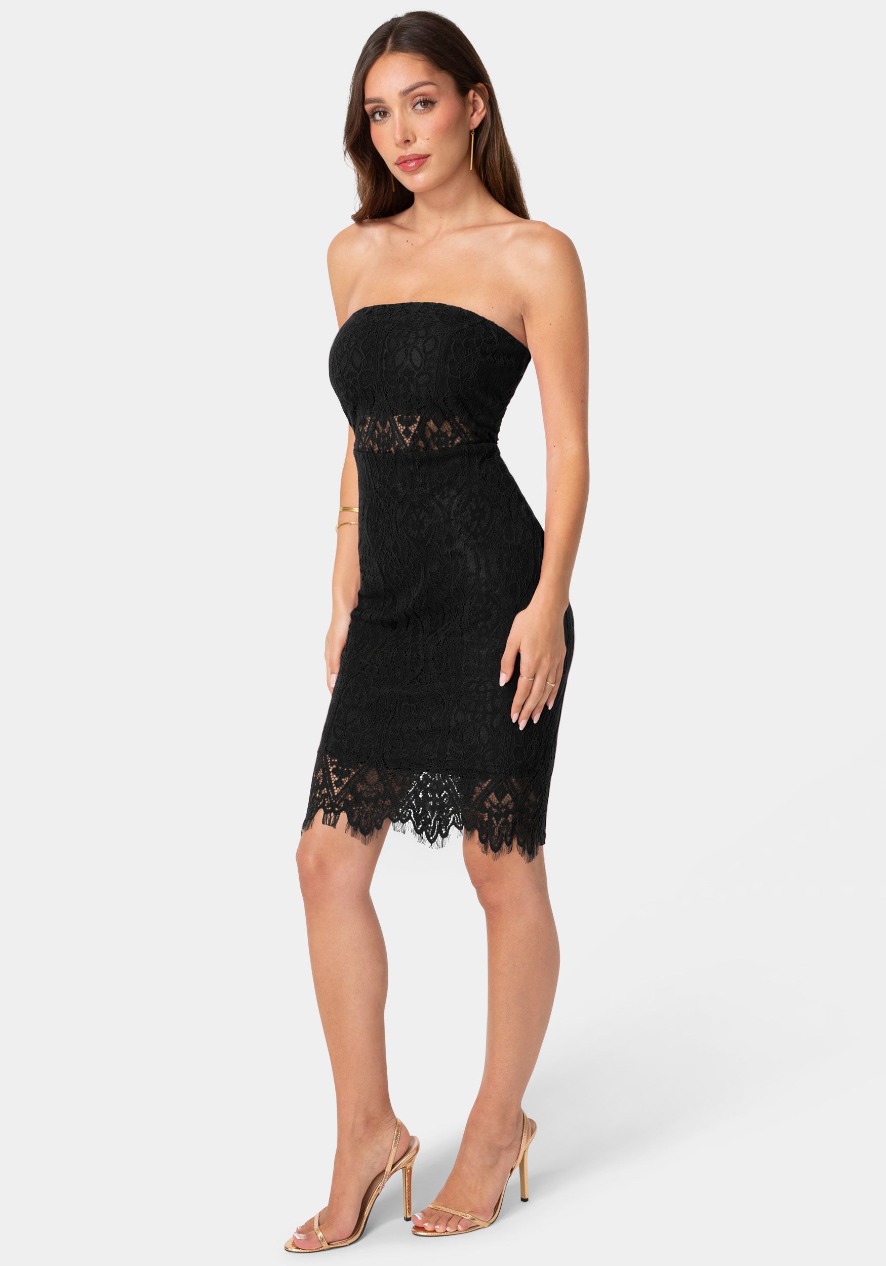 Bebe Women's Lace Illusion Strapless Midi Dress