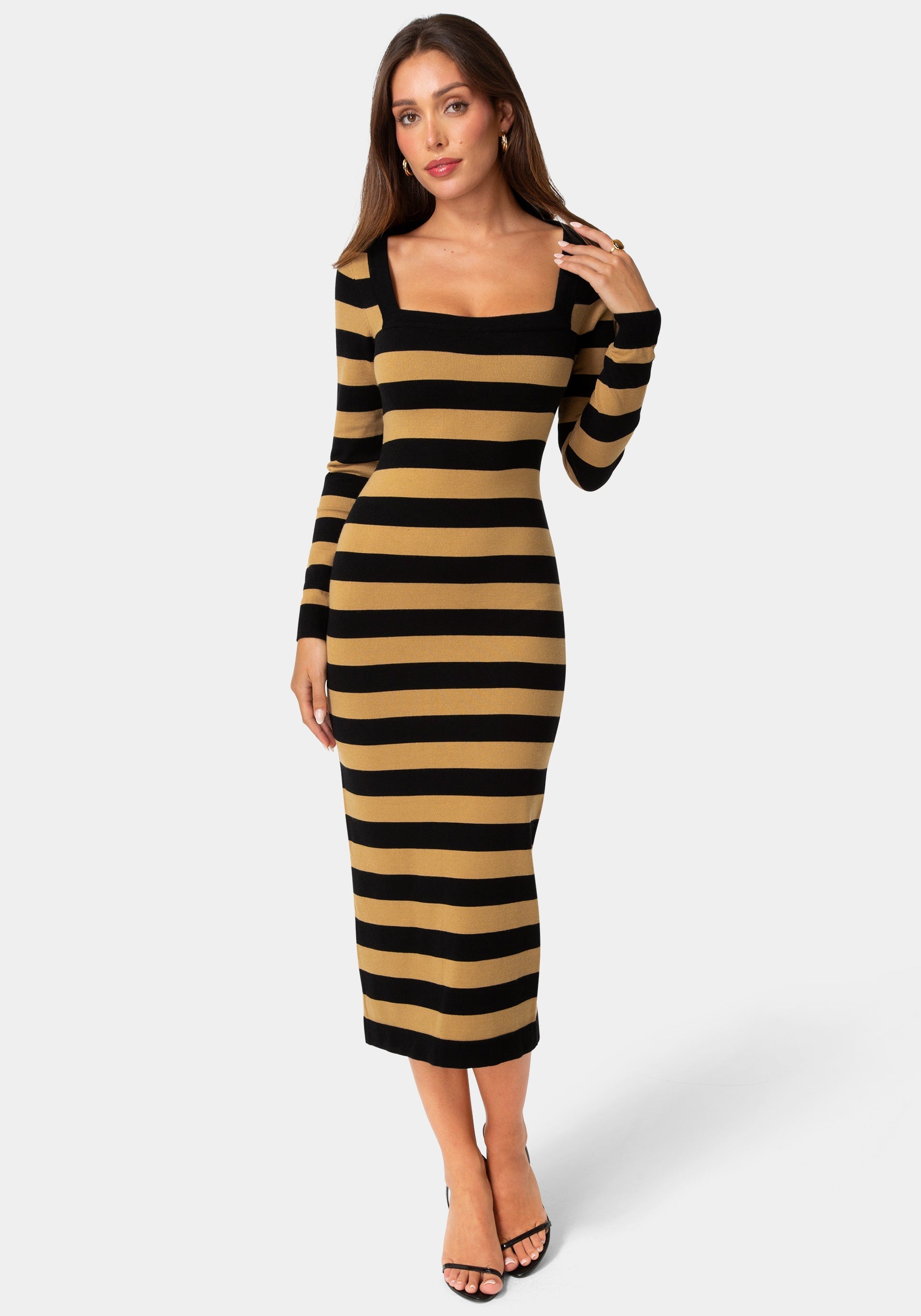 Bebe Women's Stripe Long-Sleeve Square Neck Sweater Dress