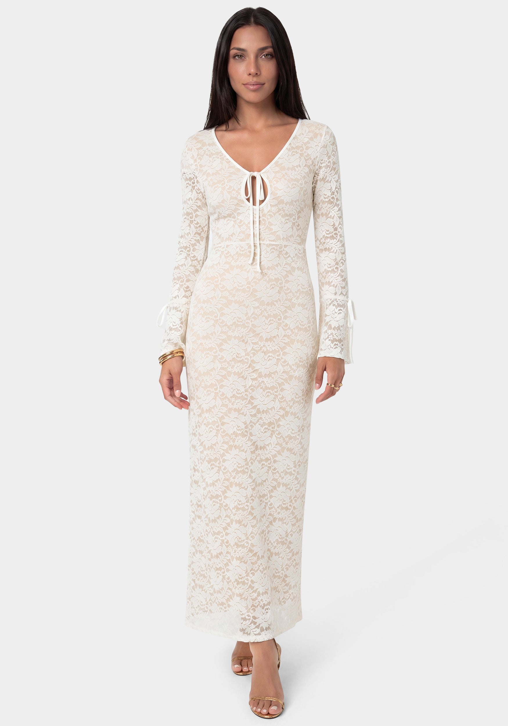 long sleeve midi dress lace Bebe Women's Keyhhole Dress, Size Medium in Nude White Spandex/Nylon SCH007854 Embrace elegance with this PrettyLittleThing Women's Glitter Plisse SIZES:22