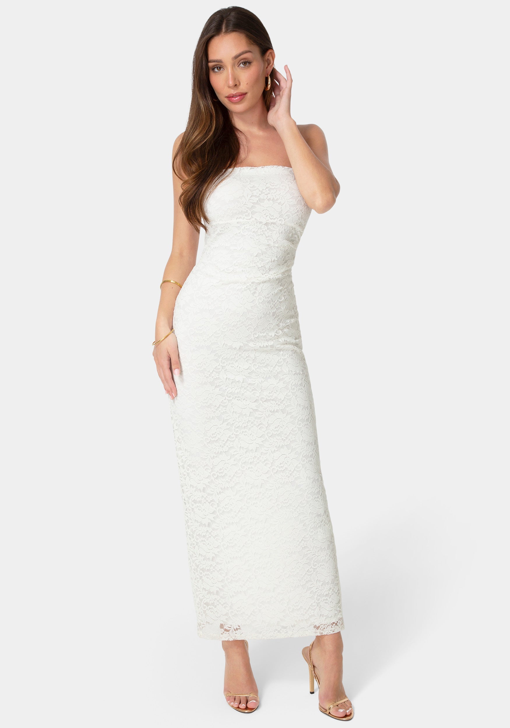 white tube maxi dress Bebe Women's Lace Strapless Tube Maxi Dress, Size Medium in Beige Polyester/Spandex/Nylon