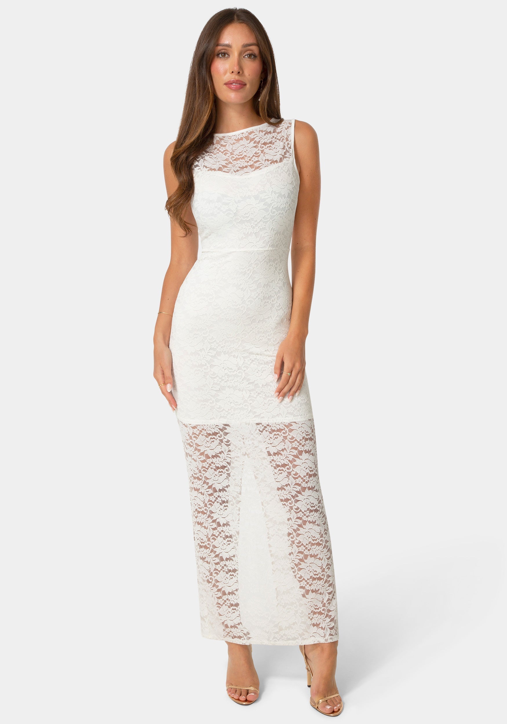dress lace sleeveless waist Bebe Women's Racer Maxi Dress, Size XS in Beige Spandex/Nylon Women's Worth A Closer Women > Clothing Dry clean only Back Color:Parchment