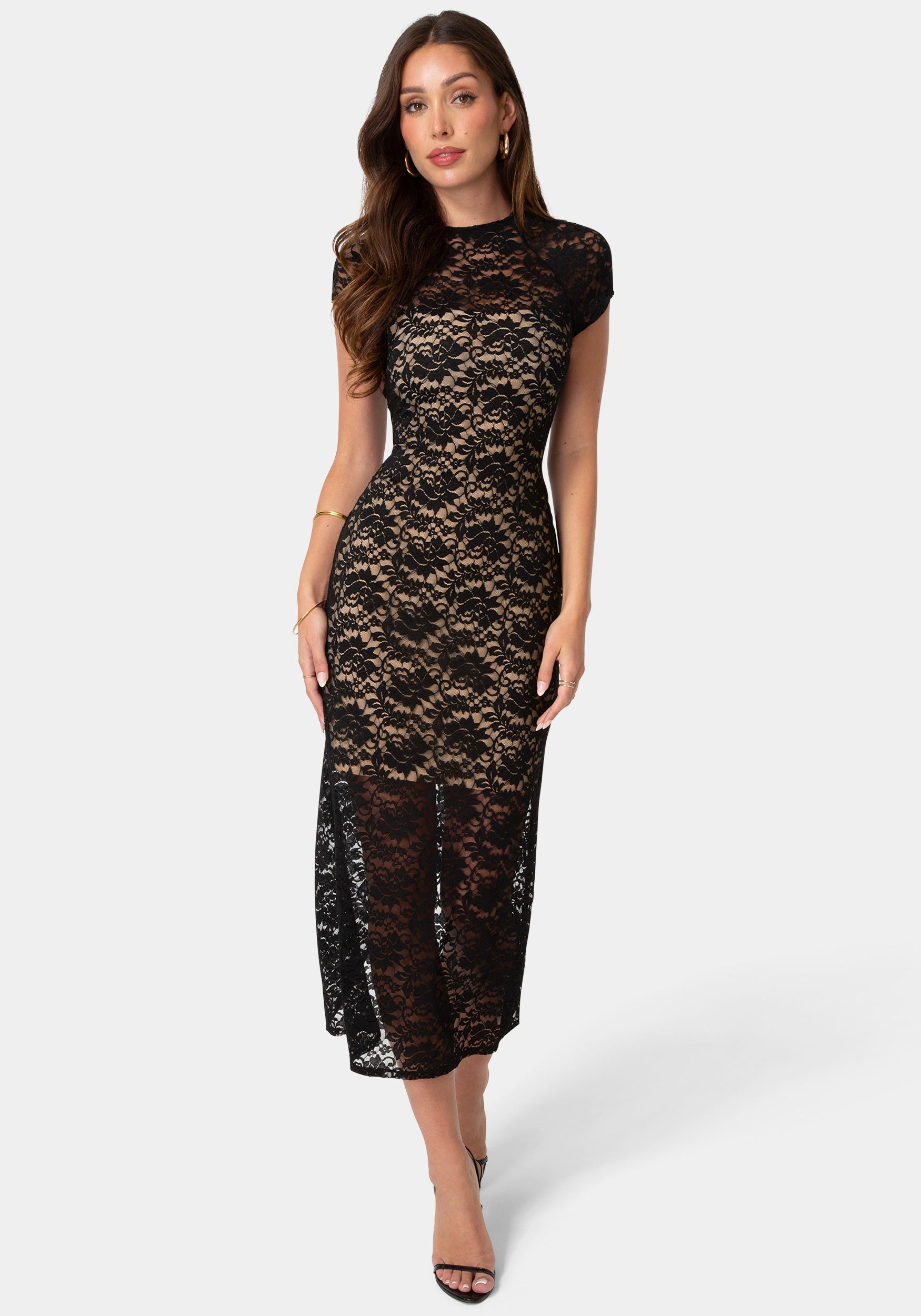 black cap sleeve midi dress Bebe Women's Floral-Lace Cap-Sleeve PARTY DRESS Size:US Size 14 it gracefully flares out Latin/Rhythm Dance Competition Dresses