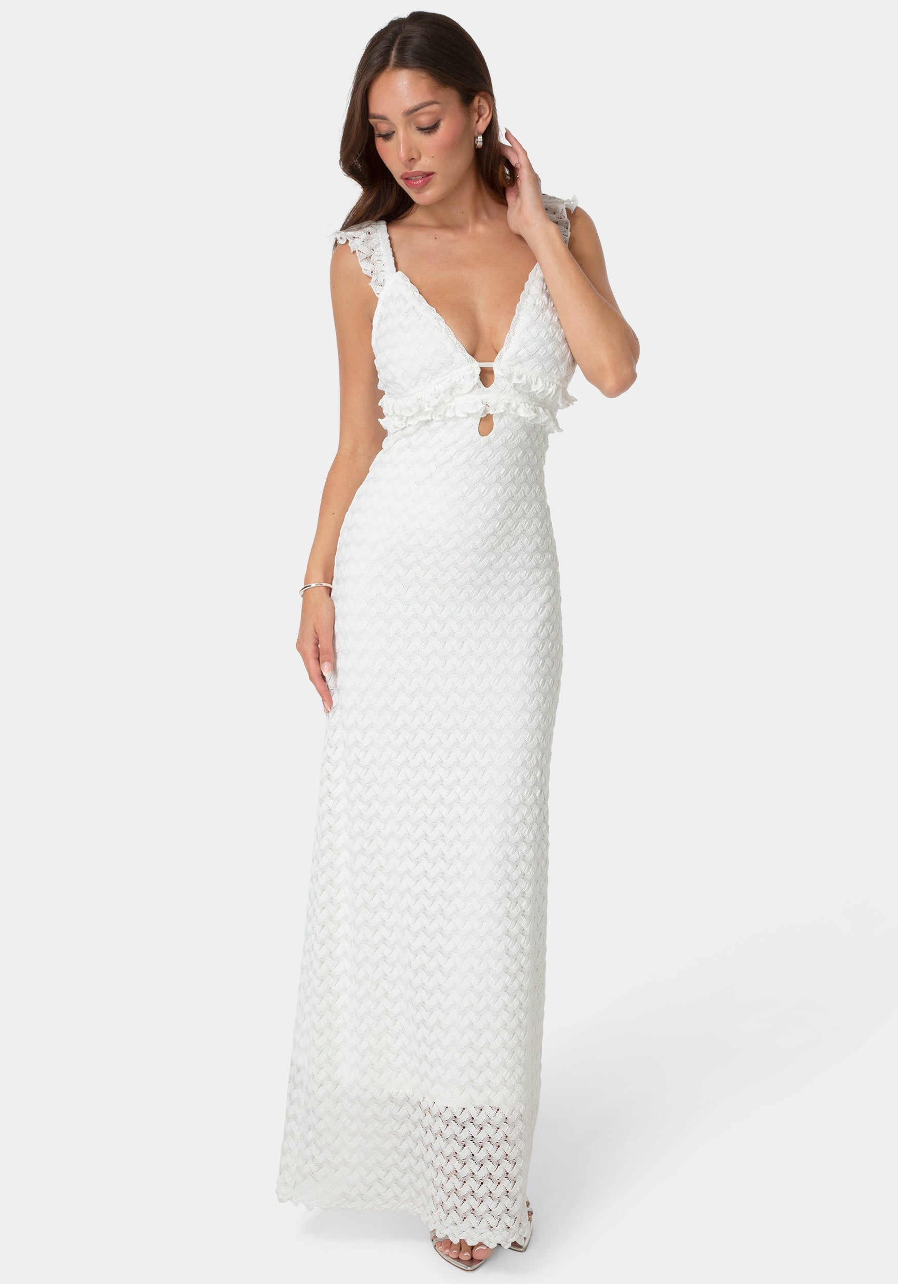white v neck maxi dress Bebe Women's Lace Keyhole Maxi Dress, Size Small in White Polyester