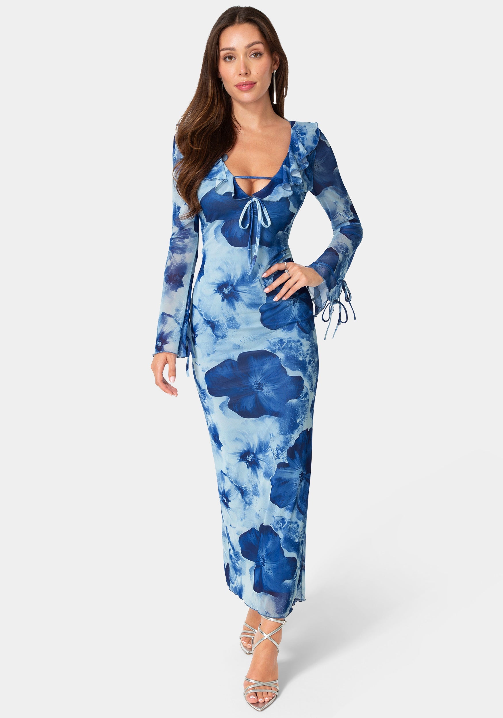 mesh bottom maxi dress Bebe Women's Long-Sleeve Floral-Print Ruffle-Neck Size:3-6 M Linen V-Neck/Back Maxi Tank oversized silhouette and short luxury black dress