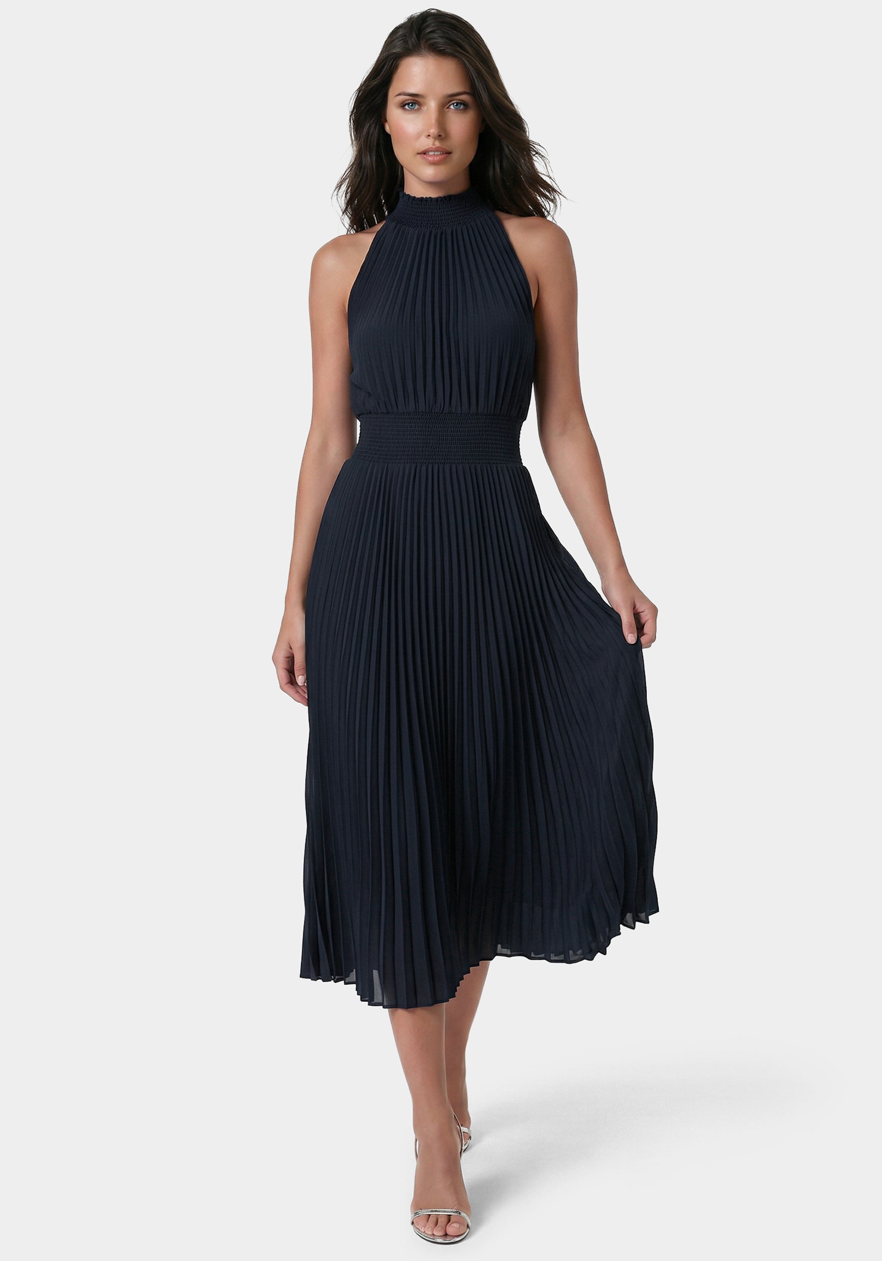 Bebe Women's Sleeveless Pleated Dress, Size 8 in Dark Navy Blue Polyester