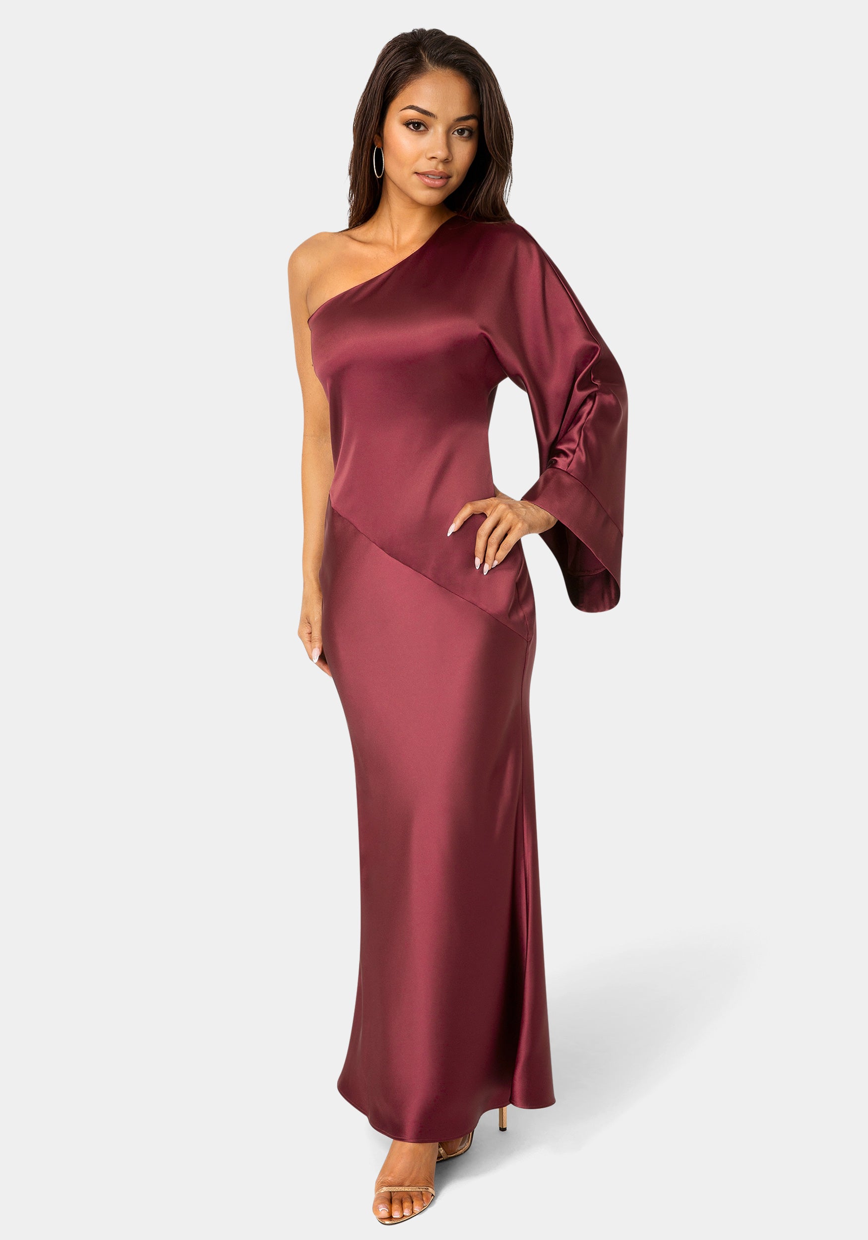 Bebe Women's One Shoulder Bell Sleeve Satin Maxi Dress Bebe Women's One Shoulder Bell Sleeve Satin Maxi Dress