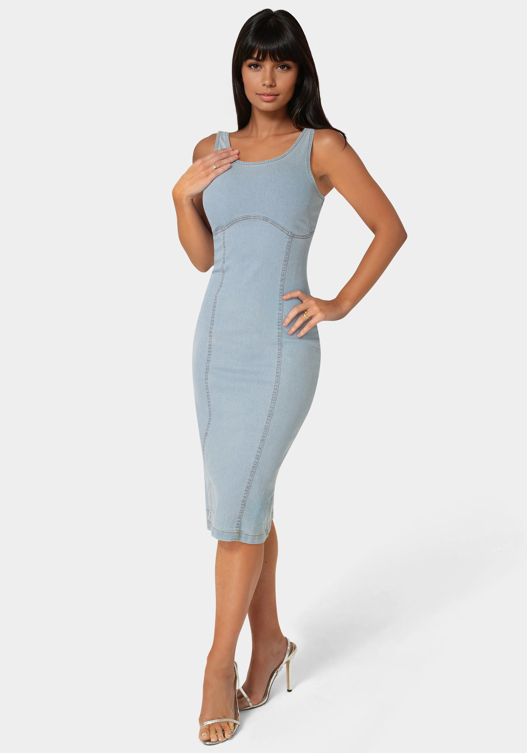 slim dress Bebe Women's The Denim Midi - Blue Color:Biscotti unique life Mens Dress Formal Pointed 95% Rayon
