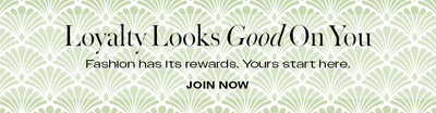 Clubbebe loyalty banner with a green and white deco-style leaf pattern featuring the text: 'Loyalty Looks Good On You. Fashion has its rewards. Yours start here.' with a 'Join Now' link