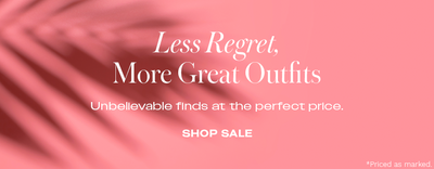 Pink banner with a palm tree shadow overlay featuring the text: 'Less Regret, More Great Outfits. Unbelievable finds at the perfect price.' and a 'Shop Sale' button.