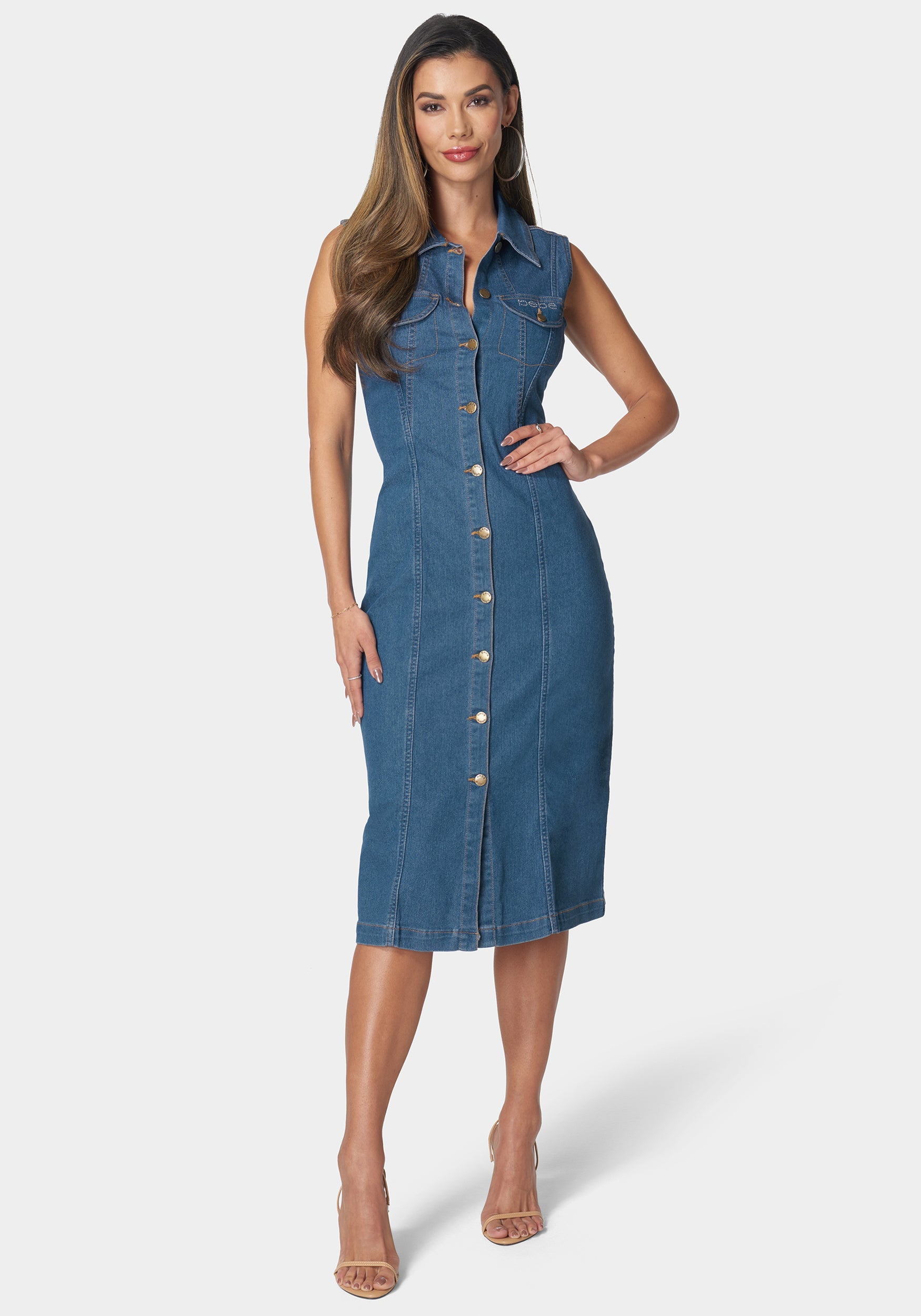 Sleeveless Front Button Denim Dress – bebe