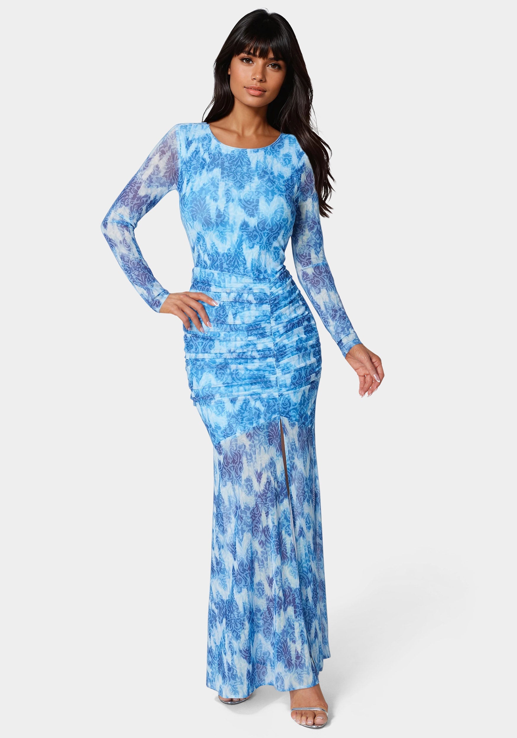 bebe long sleeve dresses Ruched Longsleeve Printed Maxi Dress