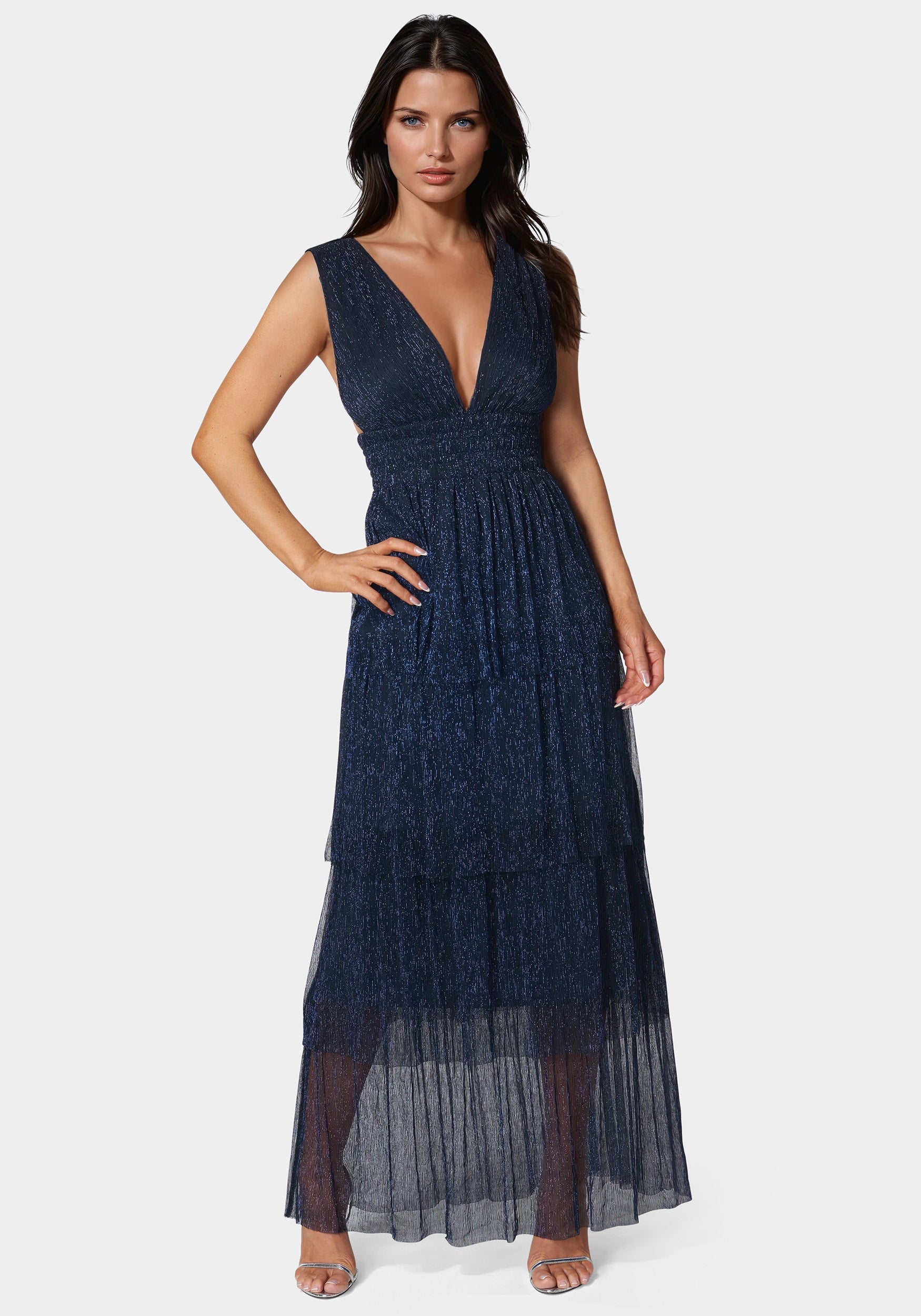 blue dress for baby girl Bebe Women's Tiered Plunge Neck Lurex Midi Dress