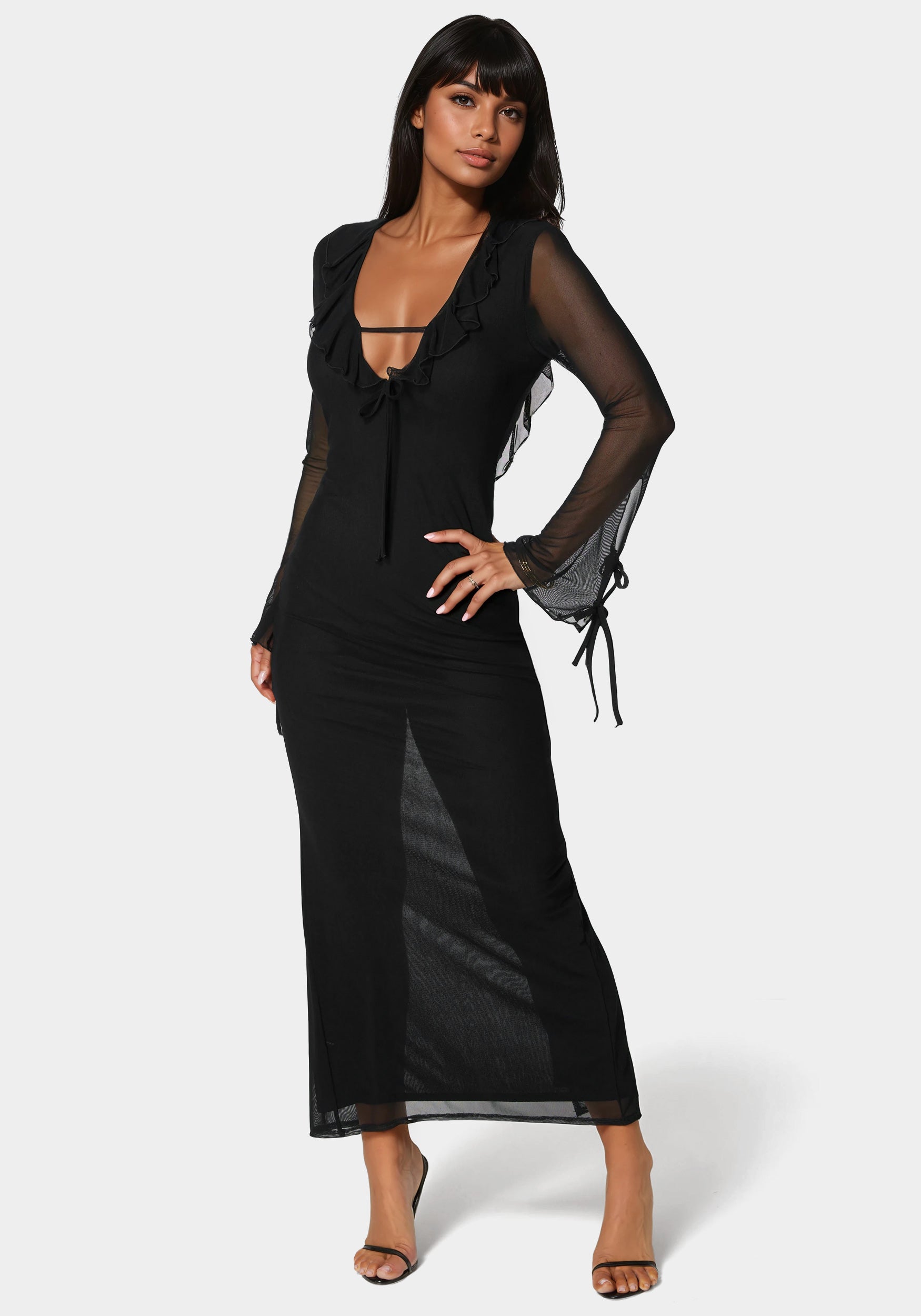 Bebe Women's Long Sleeve Ruffle Neck Maxi Dress