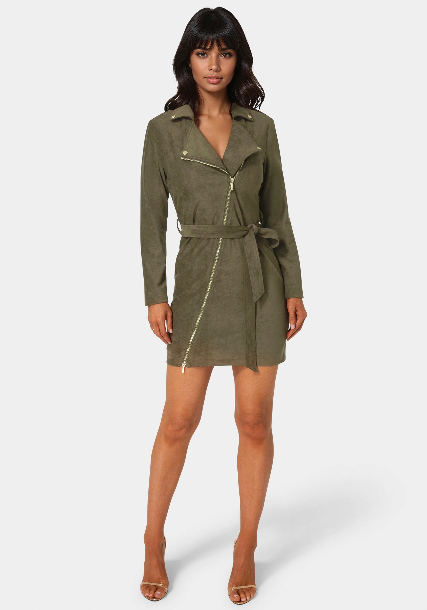 olive green suede dress Autumnal Views Olive Green Suede Button-Up Tie-Front Midi Dress