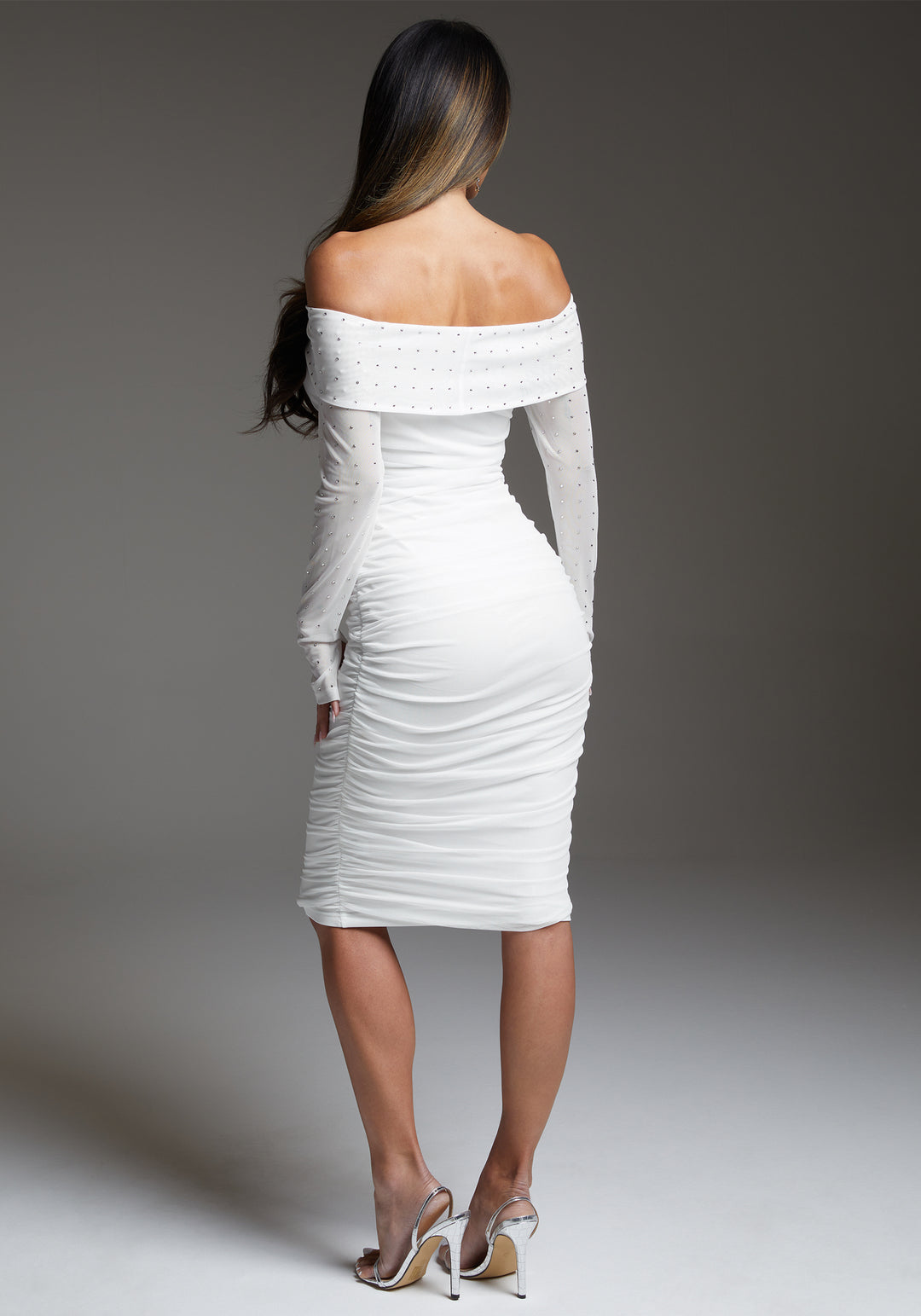 bebe Off Shoulder Mesh Midi Dress Embellished With Crystals by Swarovski