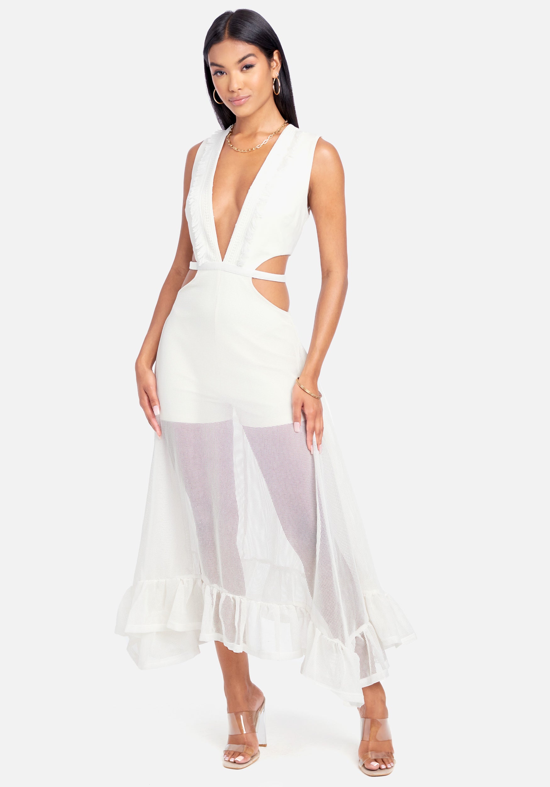 Fringe Mesh Plunge Maxi Gown – bebe
