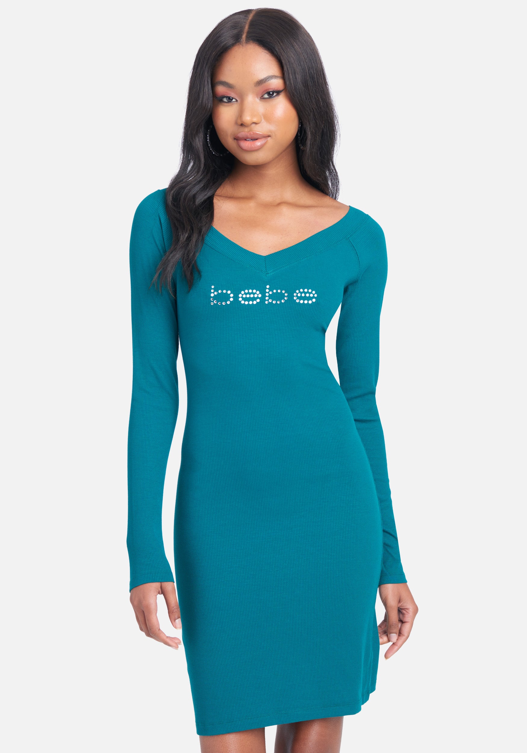 Crystal Logo Long Sleeve Dress in Storm Green - bebe Crystal Logo Long Sleeve Dress in Storm Green - bebe