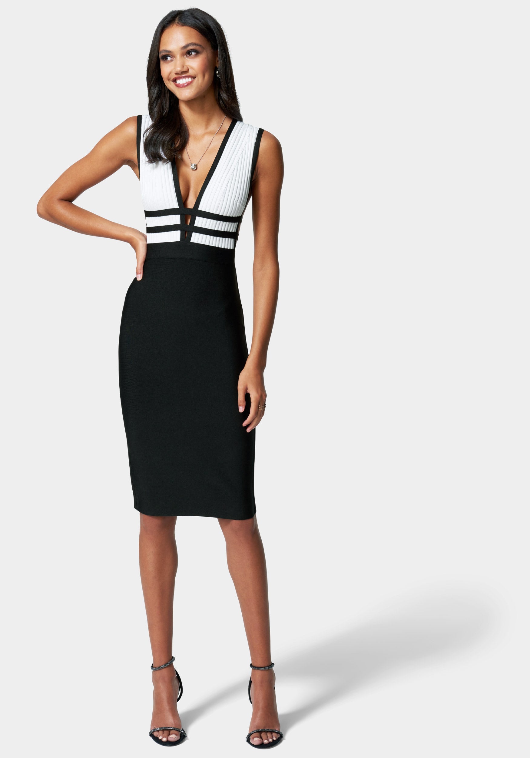 black white bandage dress Plunge Neck Bandage Dress Black White