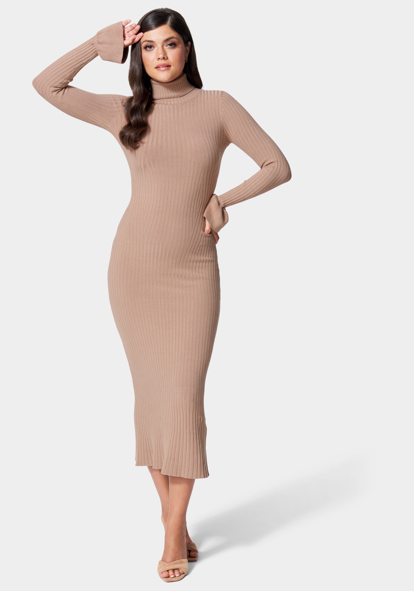 Bell Sleeve Turtleneck Midi Dress – bebe Bell Sleeve Turtleneck Midi Dress – bebe