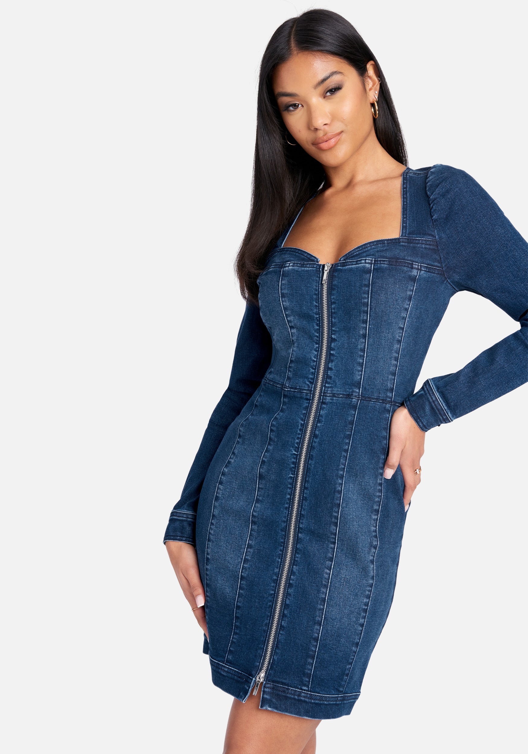 Long Sleeve Zip Front Bustier Denim Dress – bebe