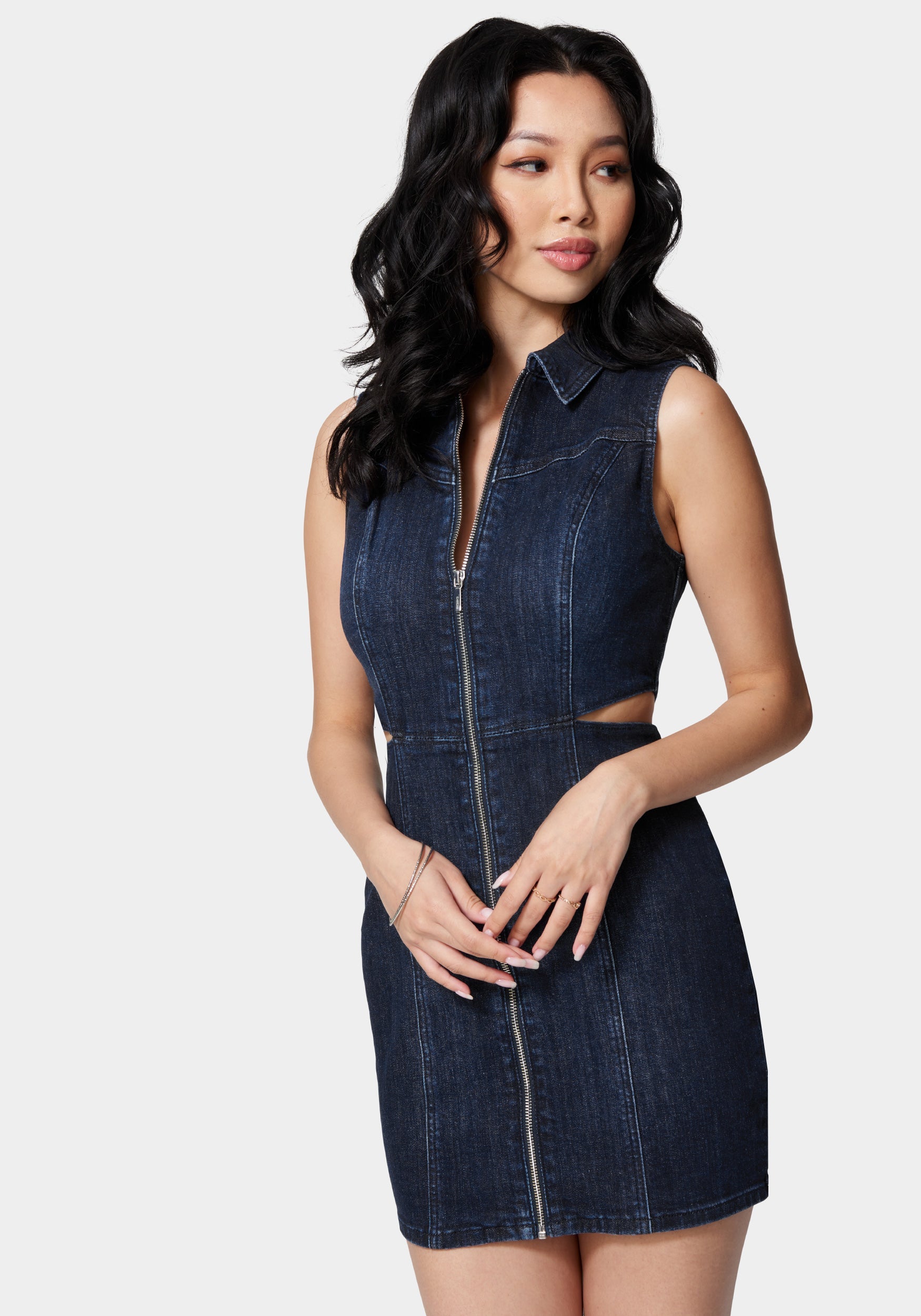 Front Zip Side Cut Out Denim Dress – bebe