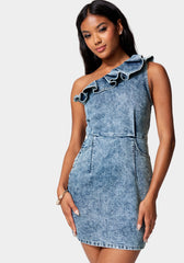 DENIM EFFECT RUFFLE MINI DRESS - Dark indigo | ZARA United